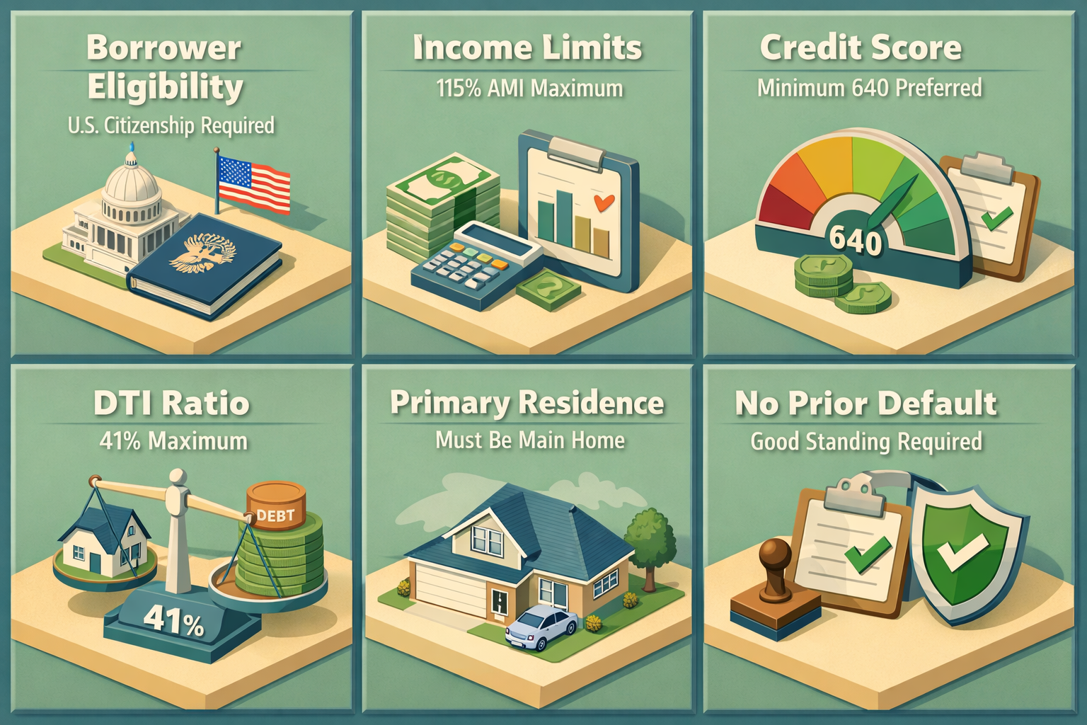 Infographic detailing USDA loan requirements including borrower eligibility, income limits, credit score, DTI ratio, primary residence, and prior default status.
