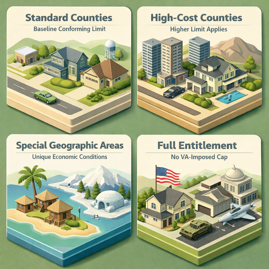 Infographic showing VA loan limits for standard counties, high-cost counties, special areas, and full entitlement status.