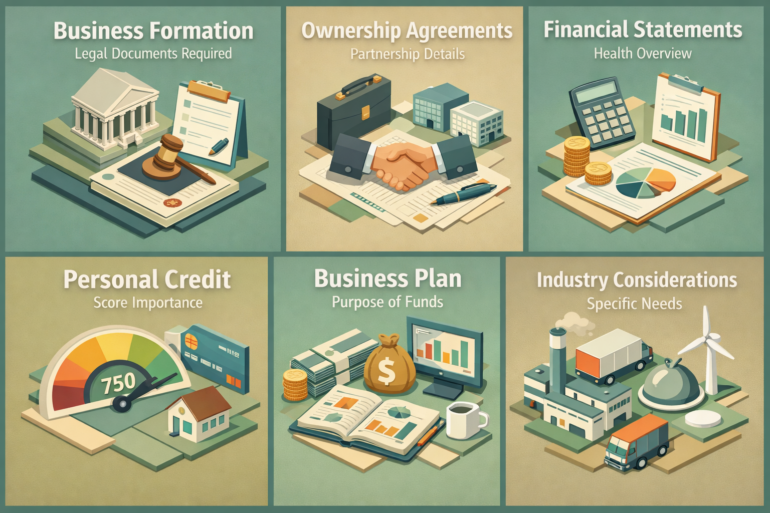 Infographic showing required documents for a business line of credit for custom furniture makers, including legal, financial, and personal details.