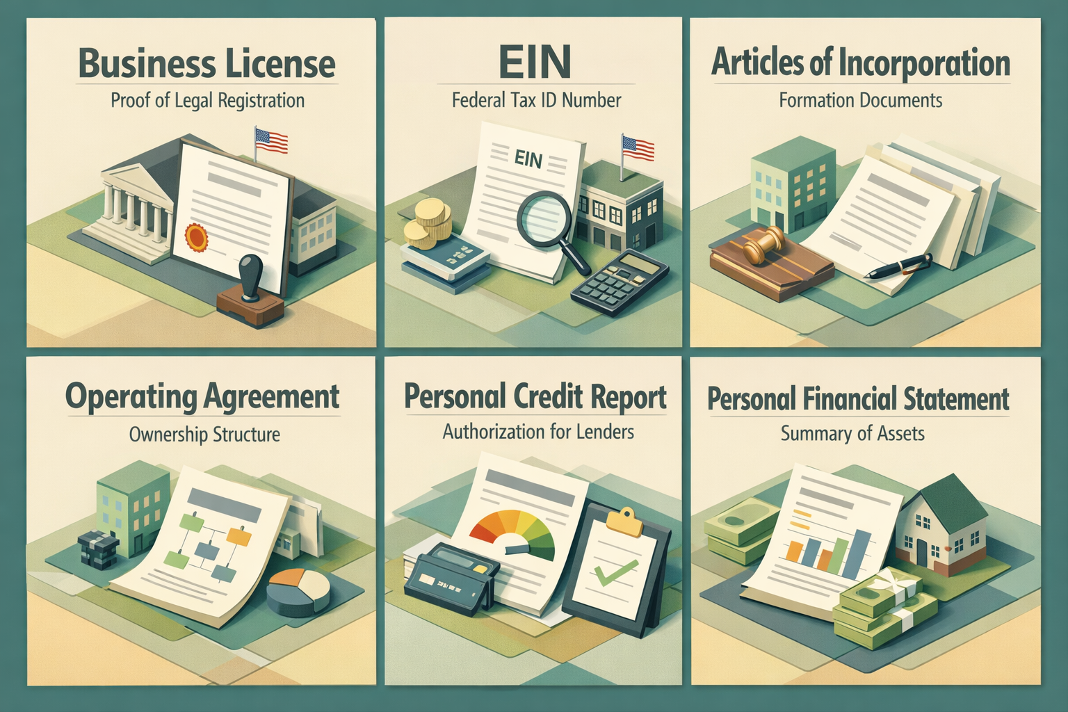 Infographic showing essential business documents for rare book dealers including licenses, EIN, and financial statements.