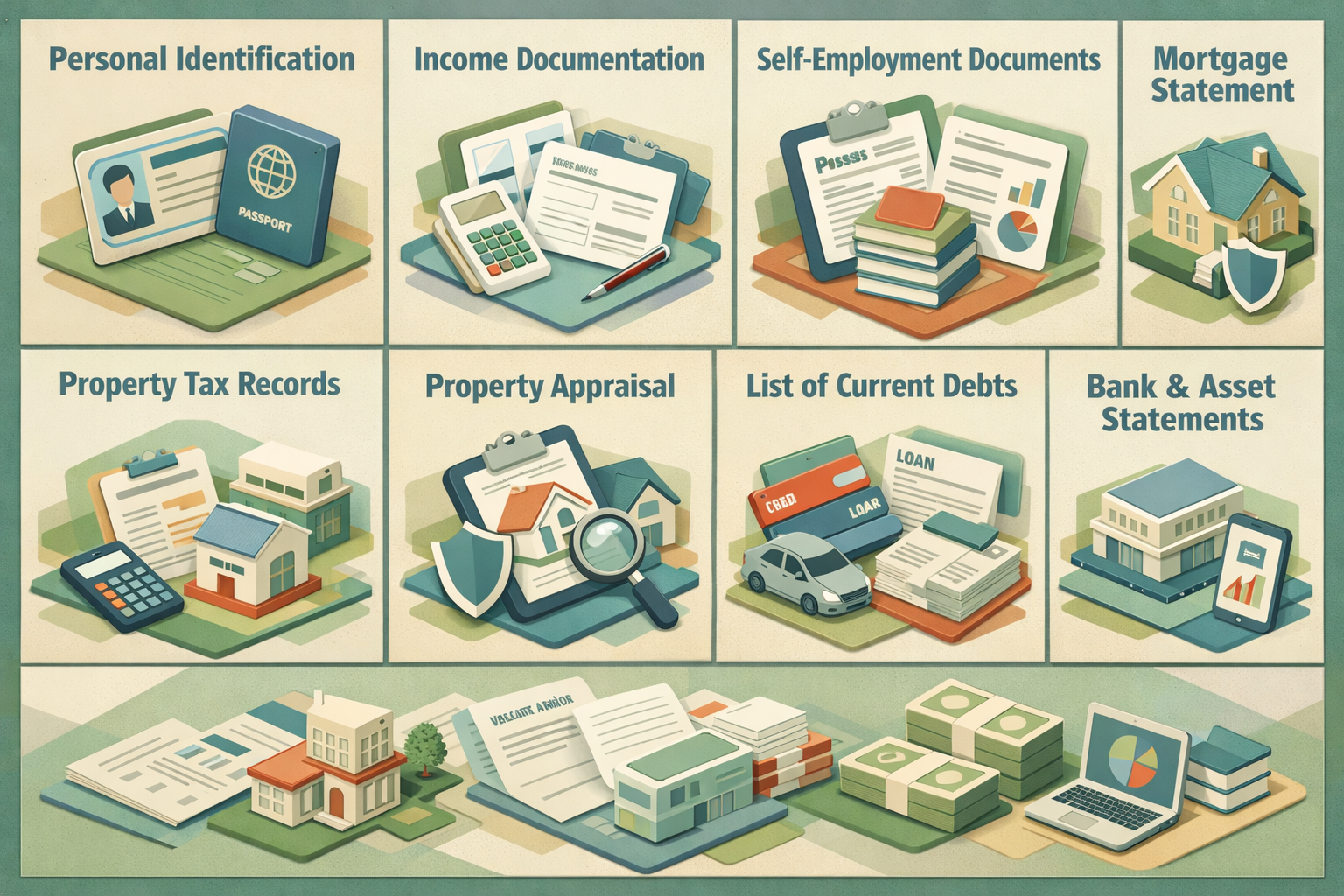 HELOC application checklist with panels for identification, income, self-employment, mortgage, insurance, taxes, appraisal, debts, and assets.