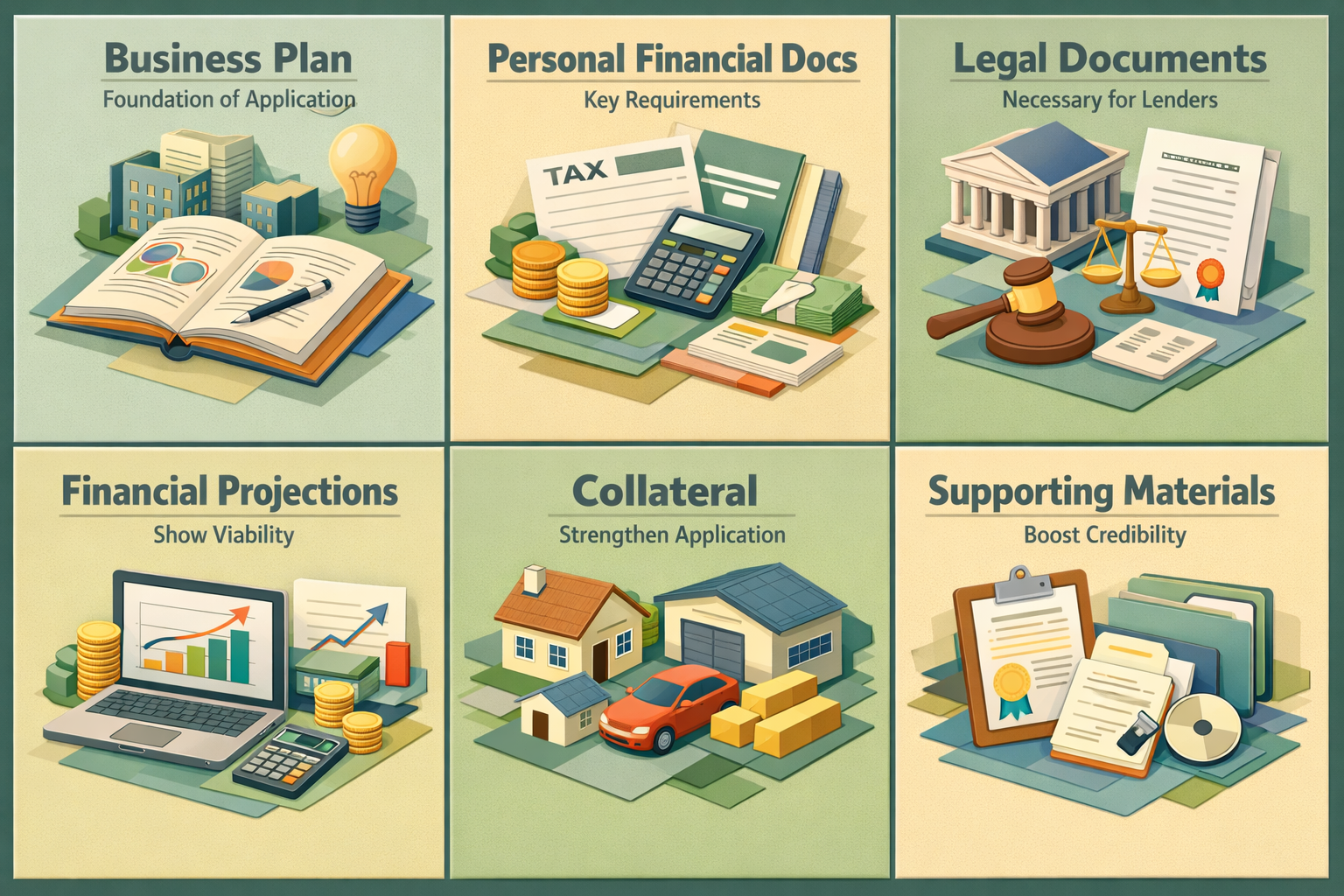 Infographic showing essential documents for a startup loan including business plan, financial docs, legal documents, and projections.
