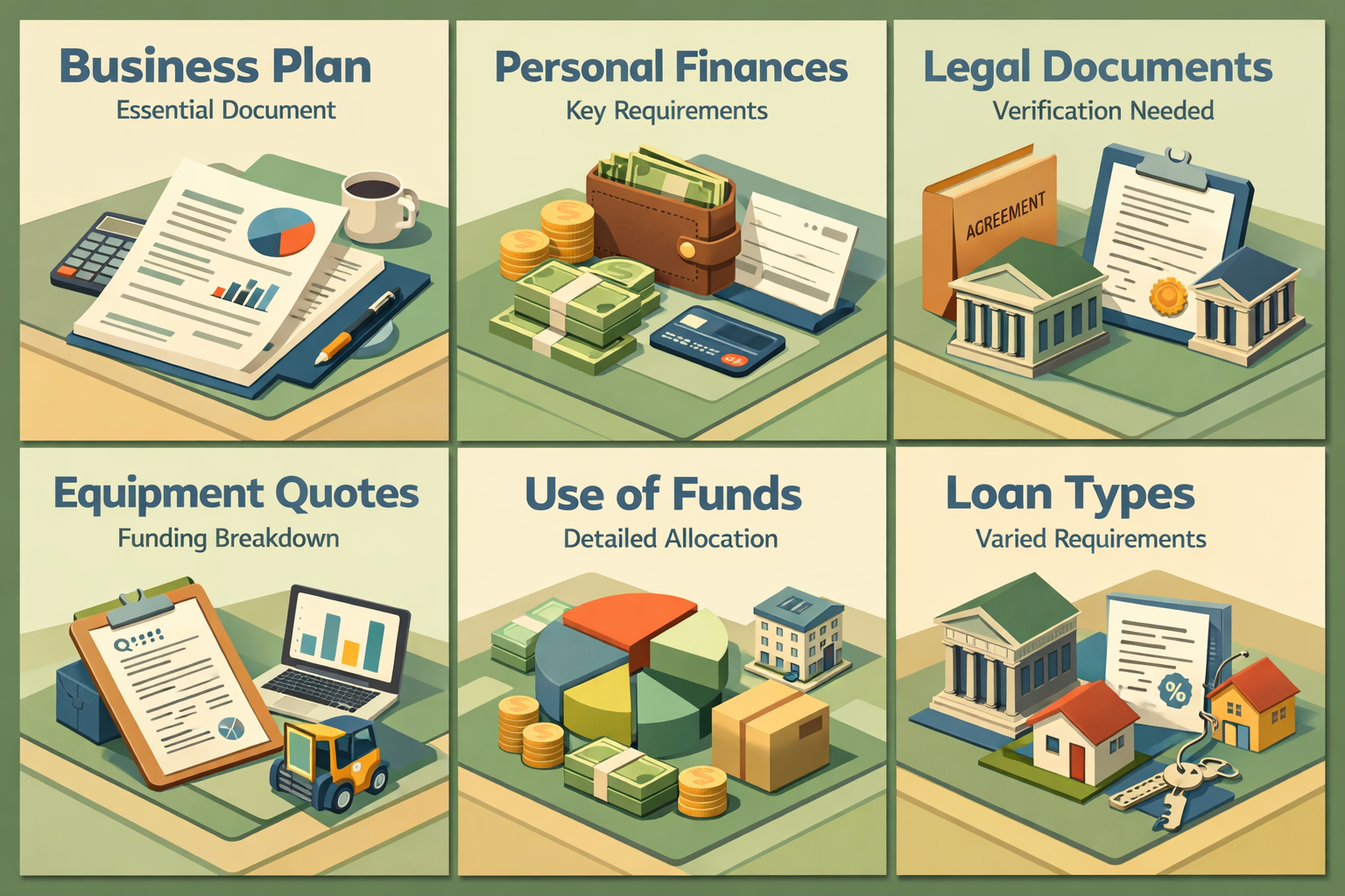 Infographic showing essential documents for a startup loan for a mobile car wash including business plan, personal finances, legal documents, equipment quotes, use of funds, and loan types.