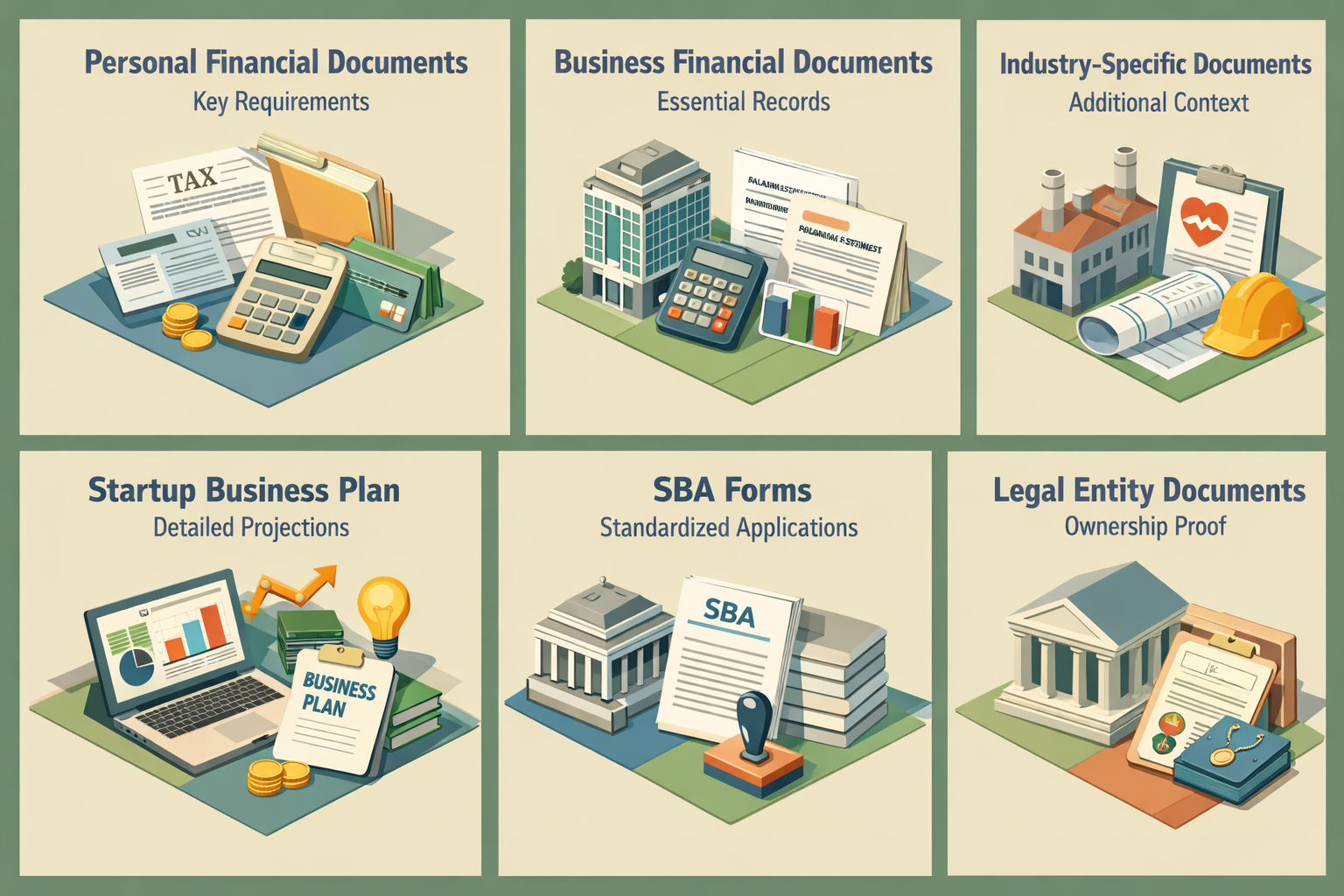 Infographic showing required documents for an SBA 7(a) loan including personal, business, industry-specific, startup, SBA forms, and legal entity documents.