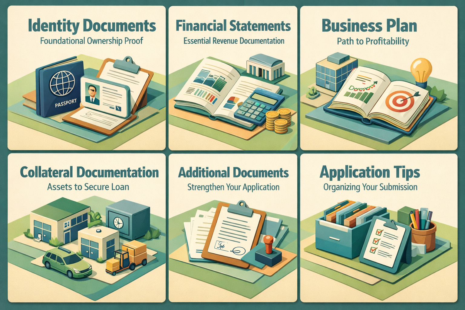 Infographic detailing identity documents, financial statements, business plans, collateral documentation, additional documents, and application tips for SBA loans.