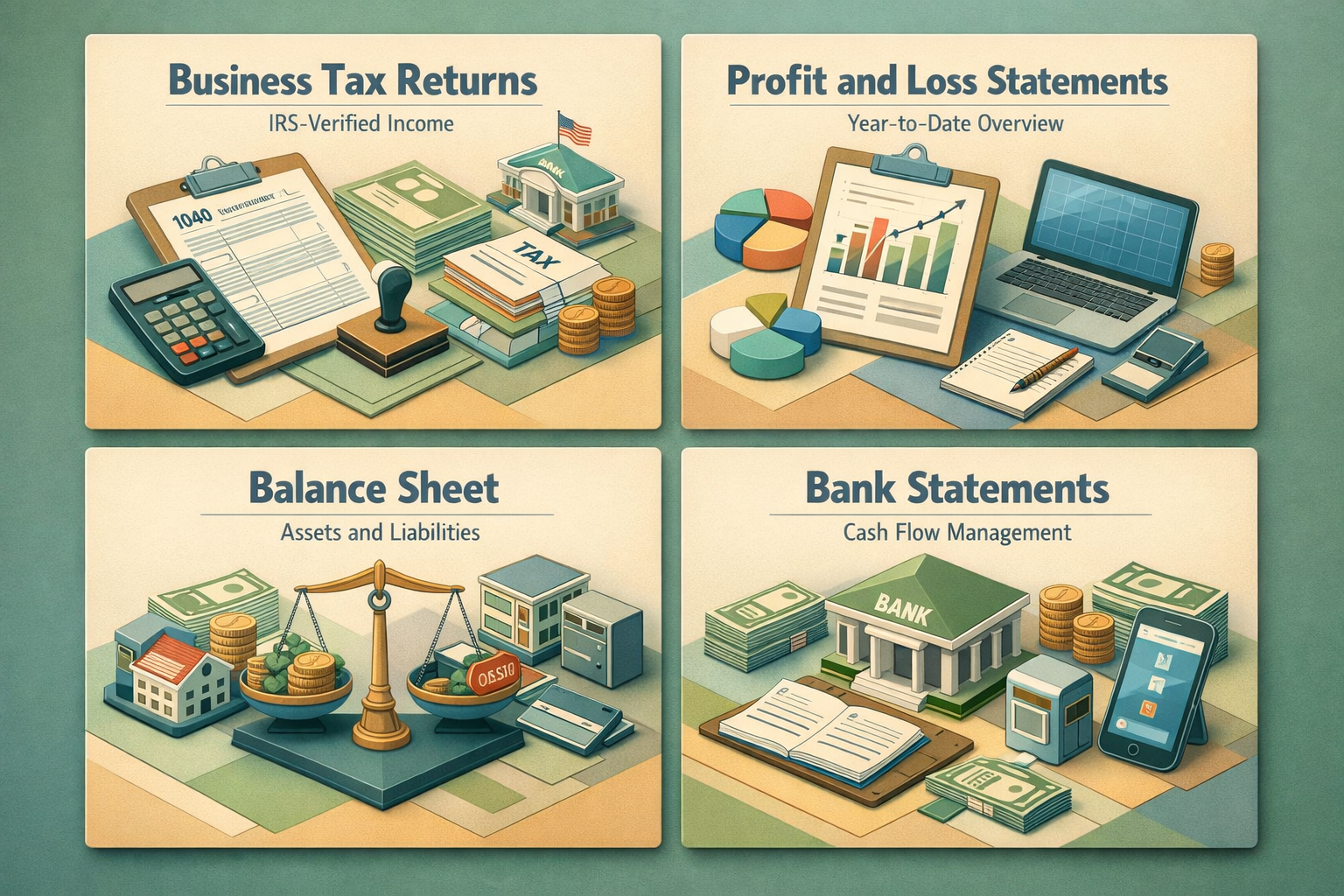 Infographic showing essential business financial documents for SBA loans: tax returns, profit and loss statements, balance sheets, and bank statements.