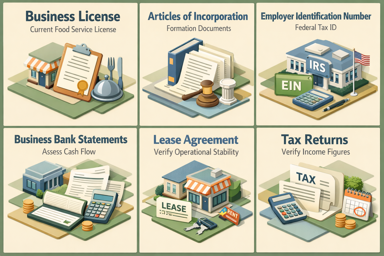 Infographic showing essential documents for SBA loan application for a seasonal bakery including licenses, tax returns, and bank statements.