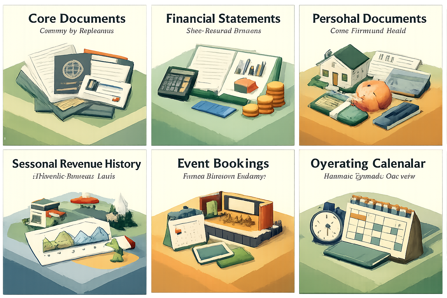 Infographic showing core business documents, financial statements, personal documents, seasonal revenue history, event bookings, and operating calendar.