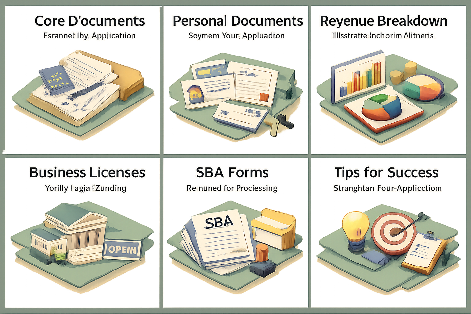 Infographic showing core business documents, personal financial documents, revenue breakdown, business licenses, SBA forms, and tips for success.