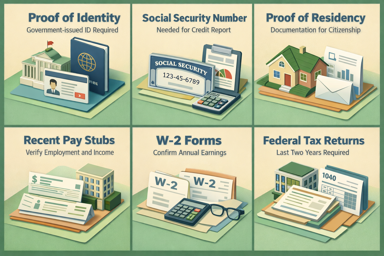Infographic showing required documents for FHA loan application including ID, SSN, residency proof, pay stubs, W-2s, and tax returns.