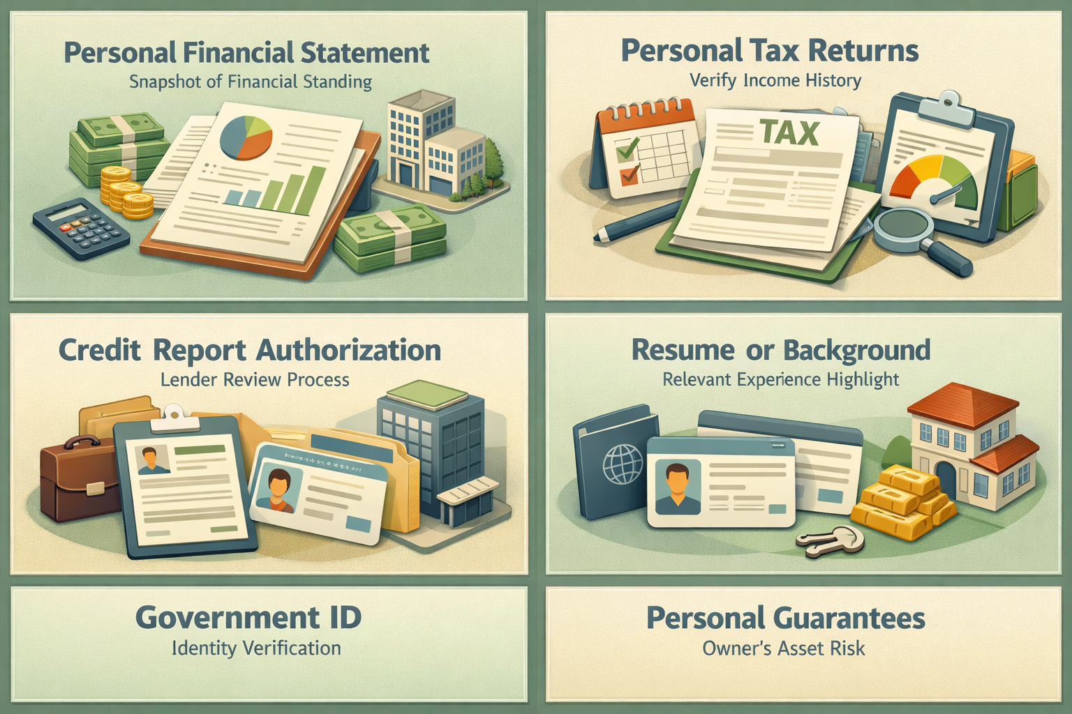 Infographic detailing personal financial documents needed for SBA 7(a) loan including financial statement, tax returns, and ID.