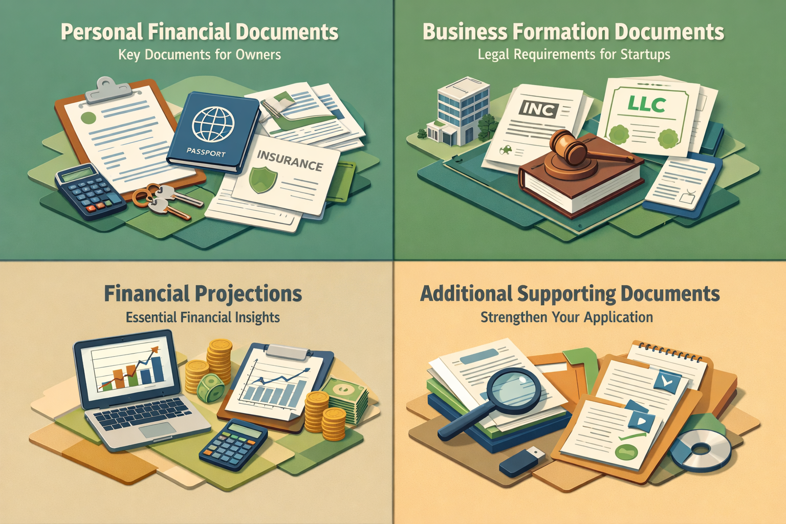 Infographic detailing required documents for SBA 7(a) loan for art gallery startup, including financial, legal, and supporting documents.