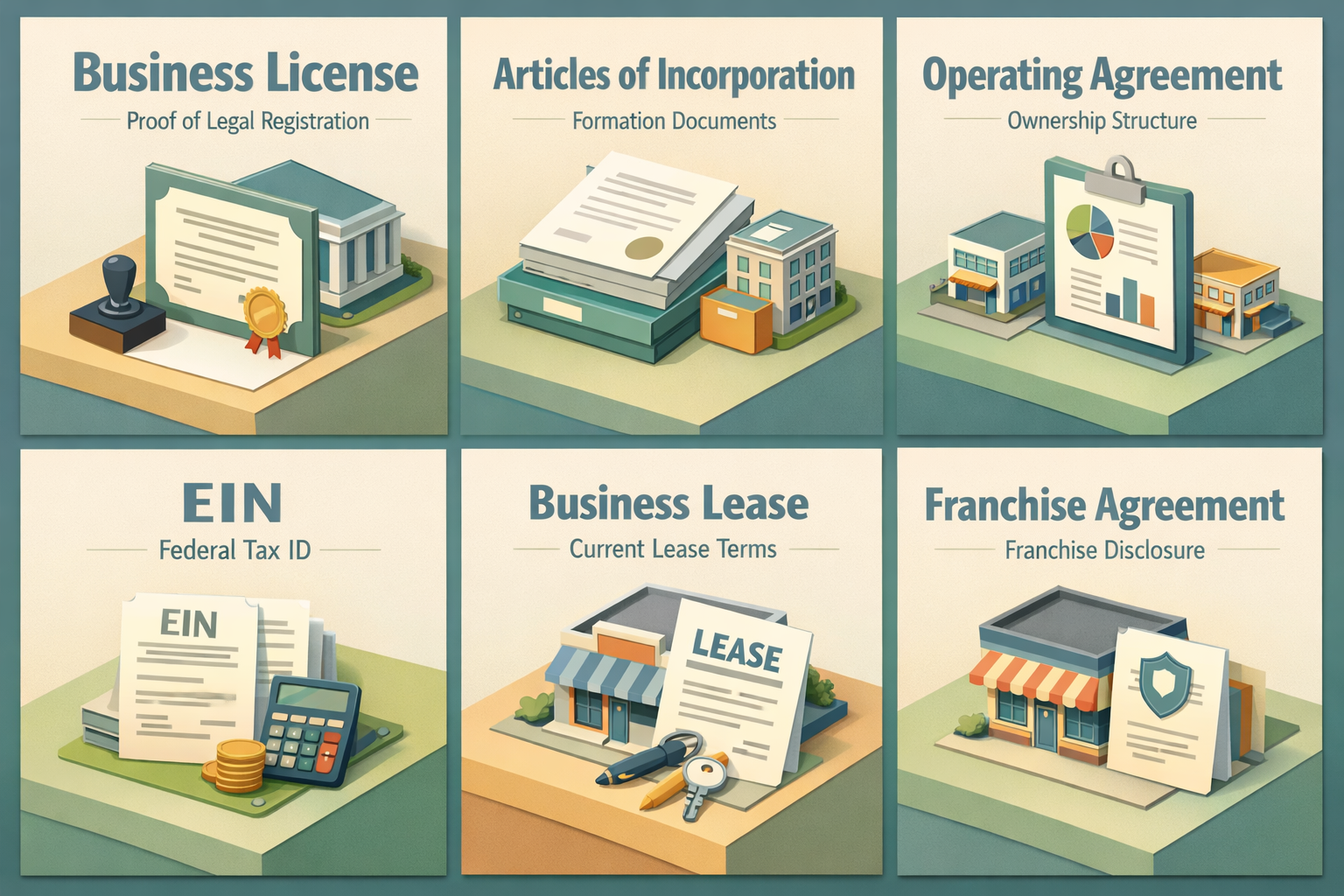 Infographic showing core business documents for SBA 7(a) loan application including business license, EIN, and operating agreement.