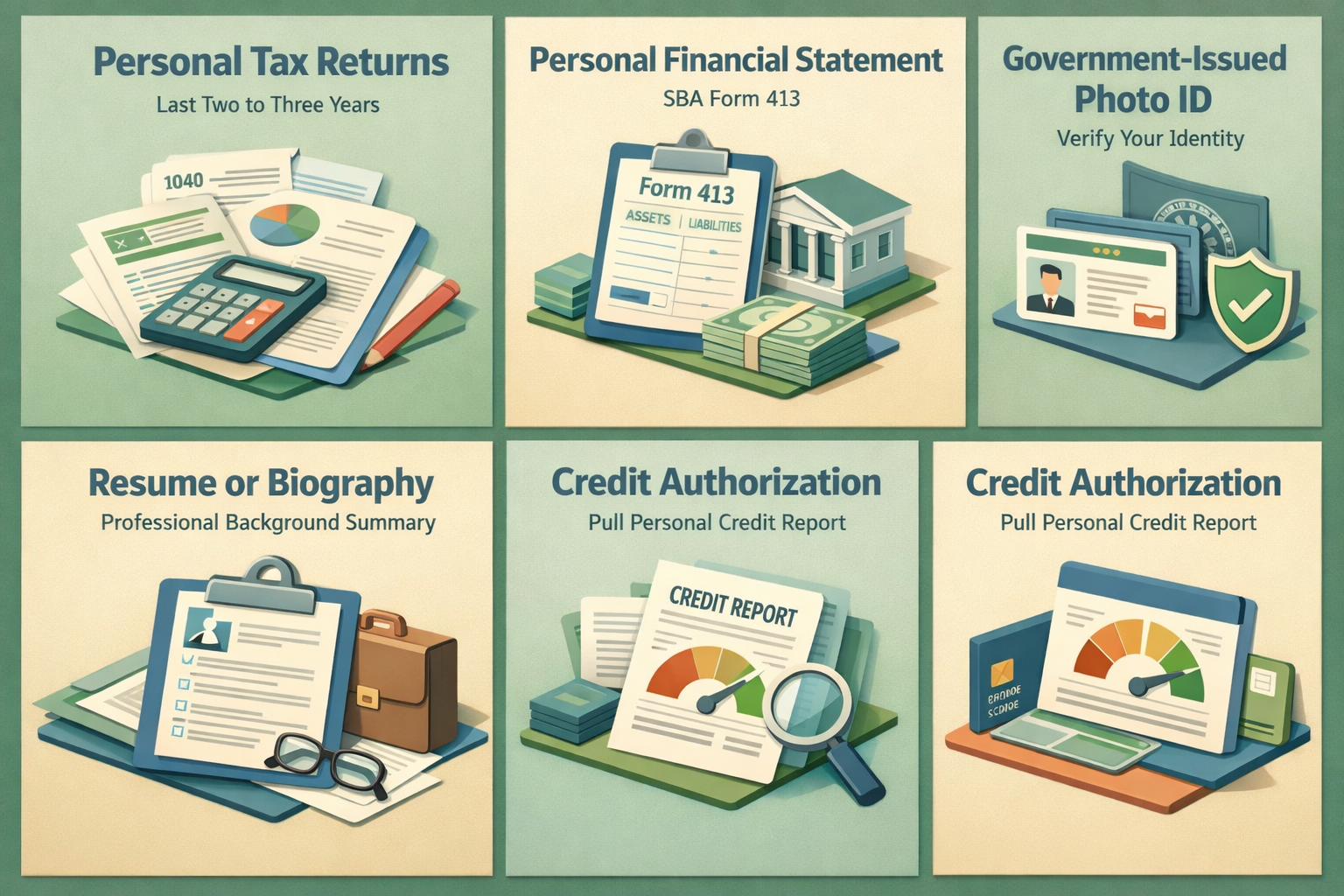 Infographic showing personal financial documents needed for SBA loan including tax returns, financial statements, ID, resume, and credit authorization.