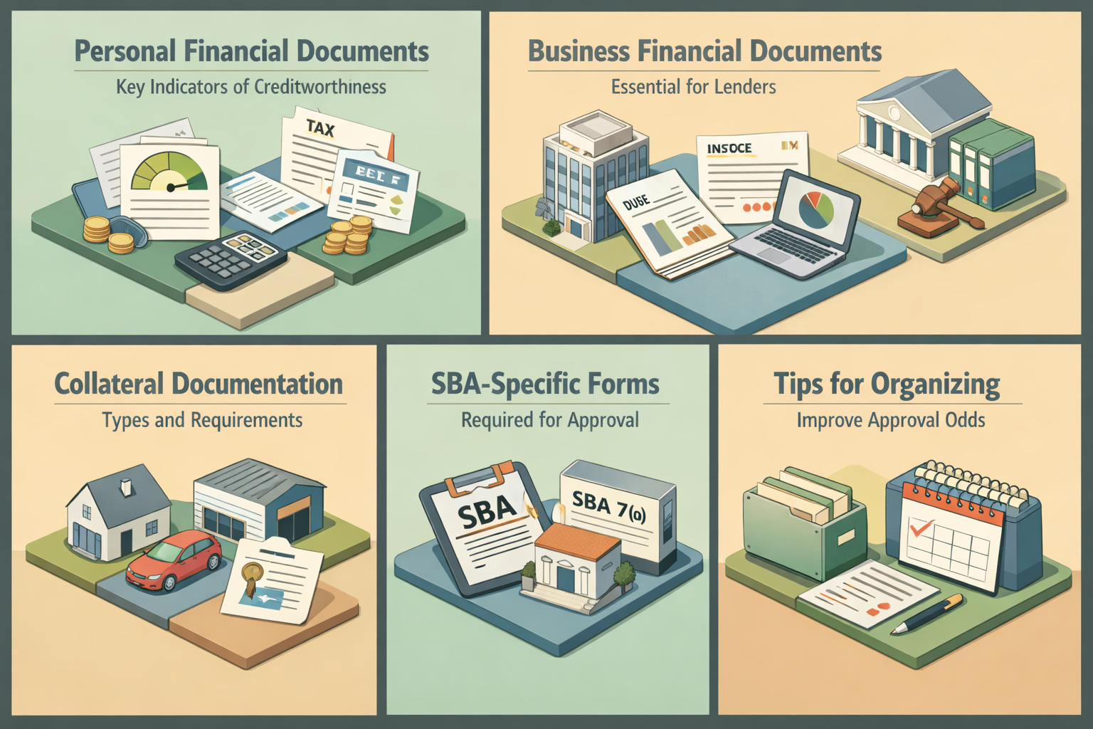 Infographic showing personal financial documents, business financial documents, legal documents, collateral documentation, SBA forms, and organization tips for brewery loans.