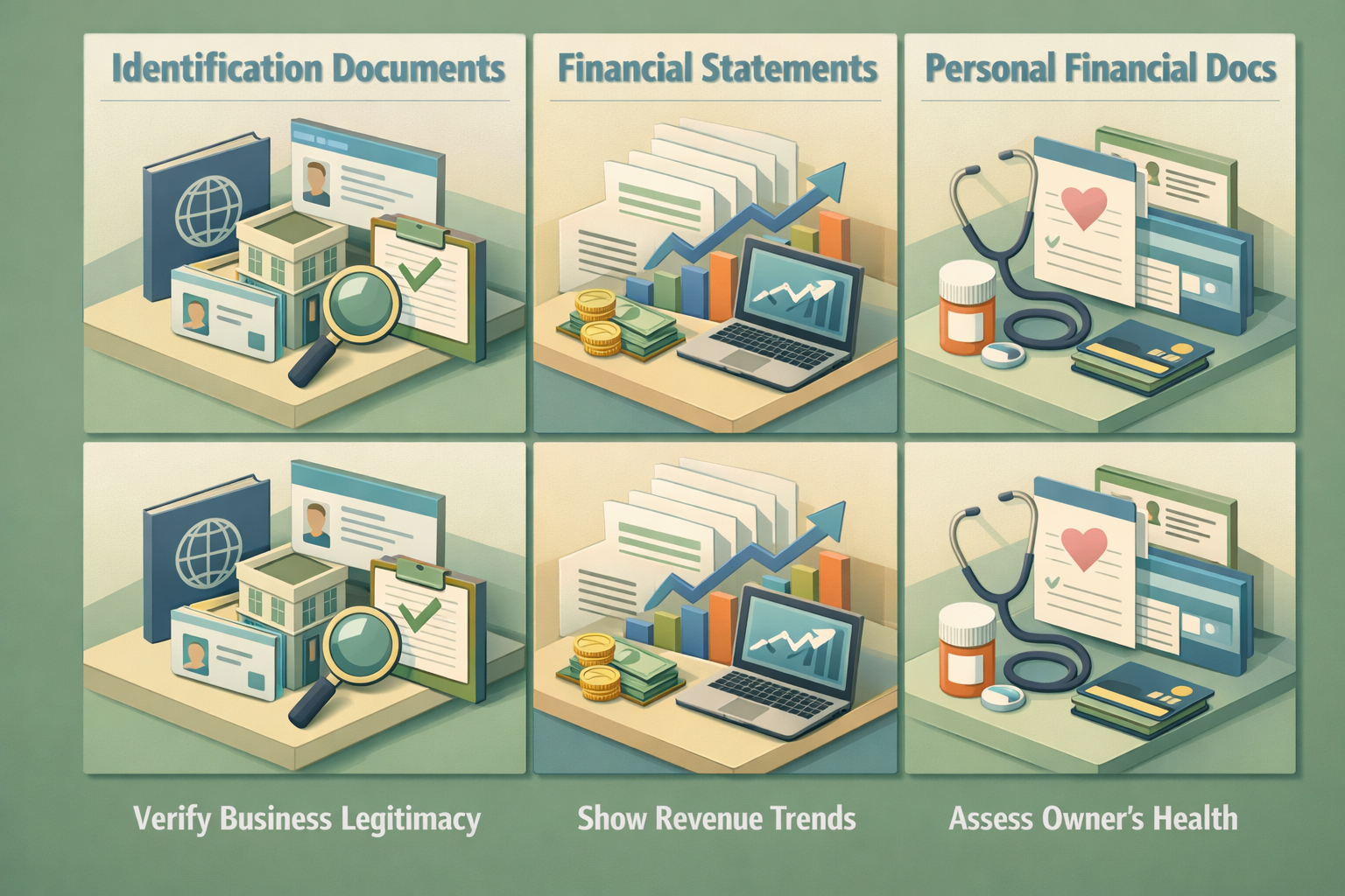 Infographic showing necessary documents for SBA loan: identification, financial statements, and personal financial documents.