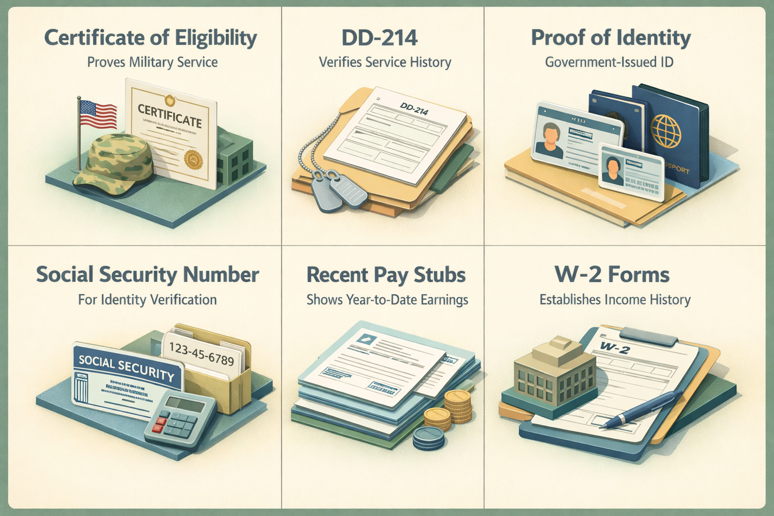 Infographic showing essential VA loan eligibility documents including COE, DD-214, ID, SSN, pay stubs, and W-2 forms.