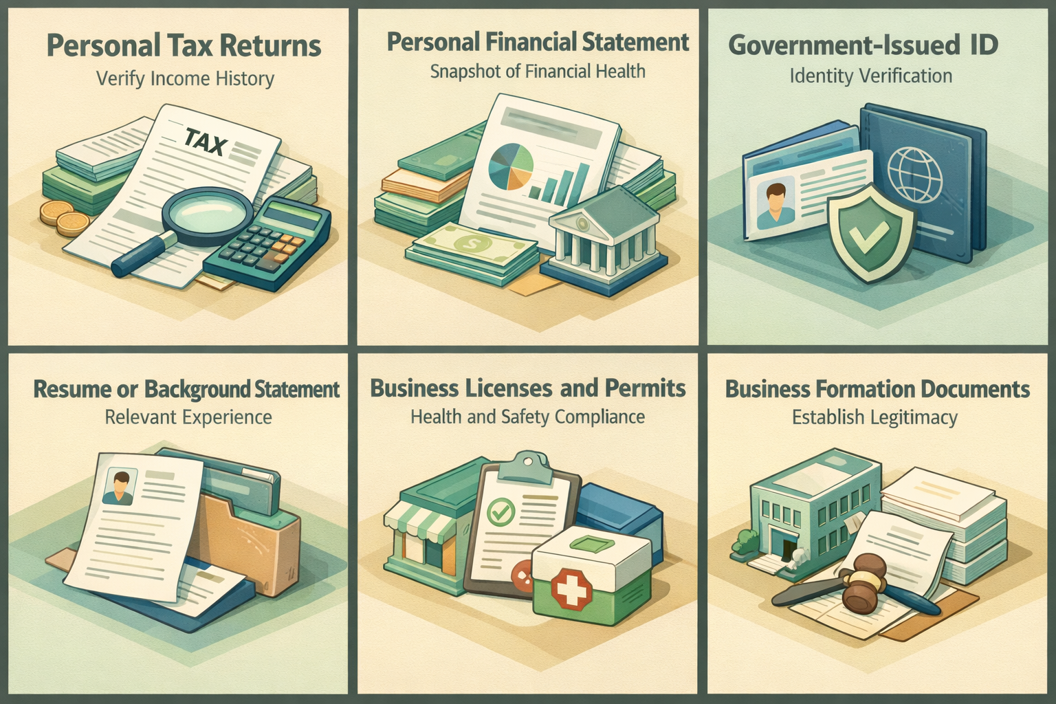 Infographic showing personal financial documents needed for an SBA loan including tax returns, financial statements, and ID.