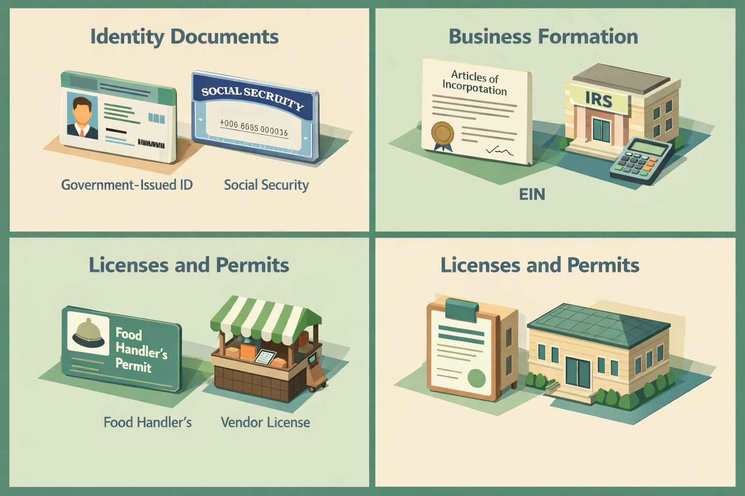 Infographic showing required identity documents, business formation documents, and licenses for an SBA loan application.