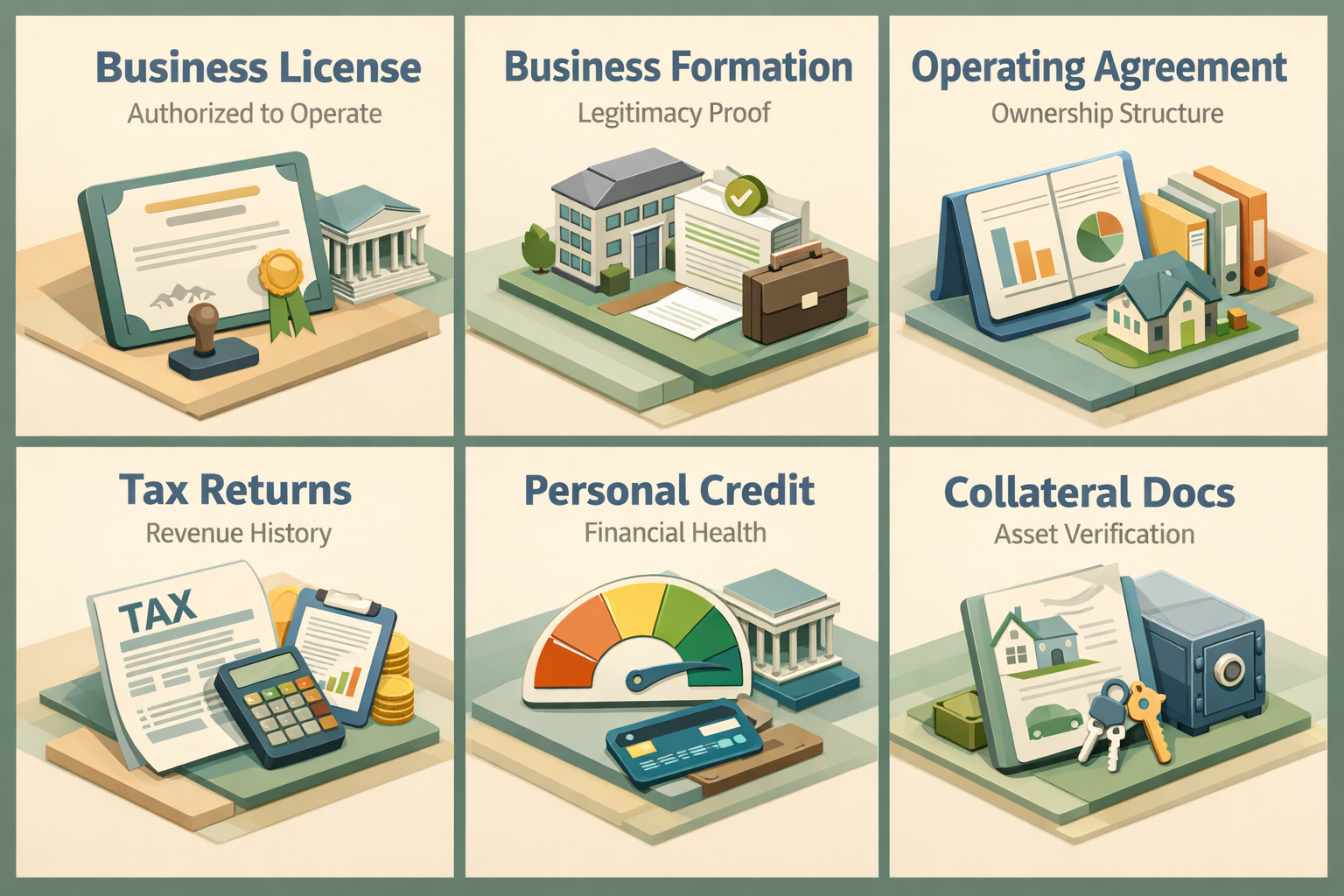 Infographic showing essential SBA loan documents for mobile grooming business including licenses, formation, tax returns, and collateral.