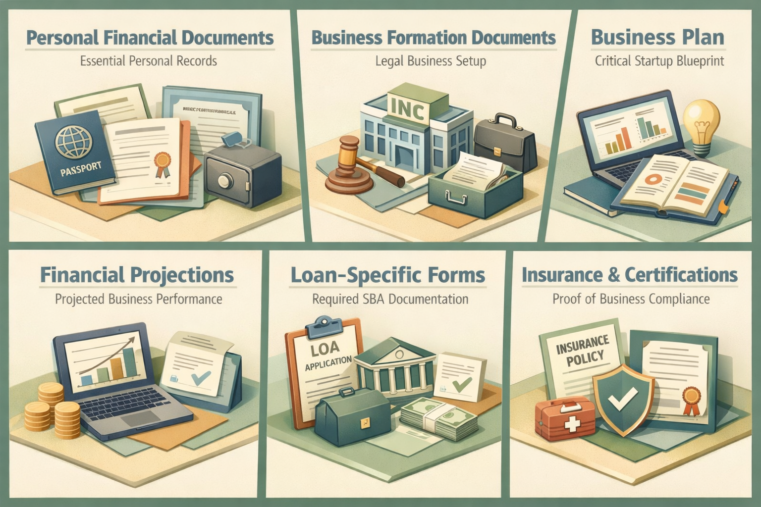 Infographic showing essential documents for SBA loan: personal financial documents, business formation documents, business plan, financial projections, loan forms, insurance certifications.