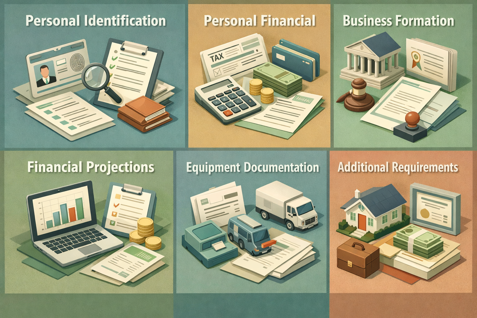 Infographic detailing required documents for SBA loan for mobile pet grooming startup including identification, financials, and business formation.