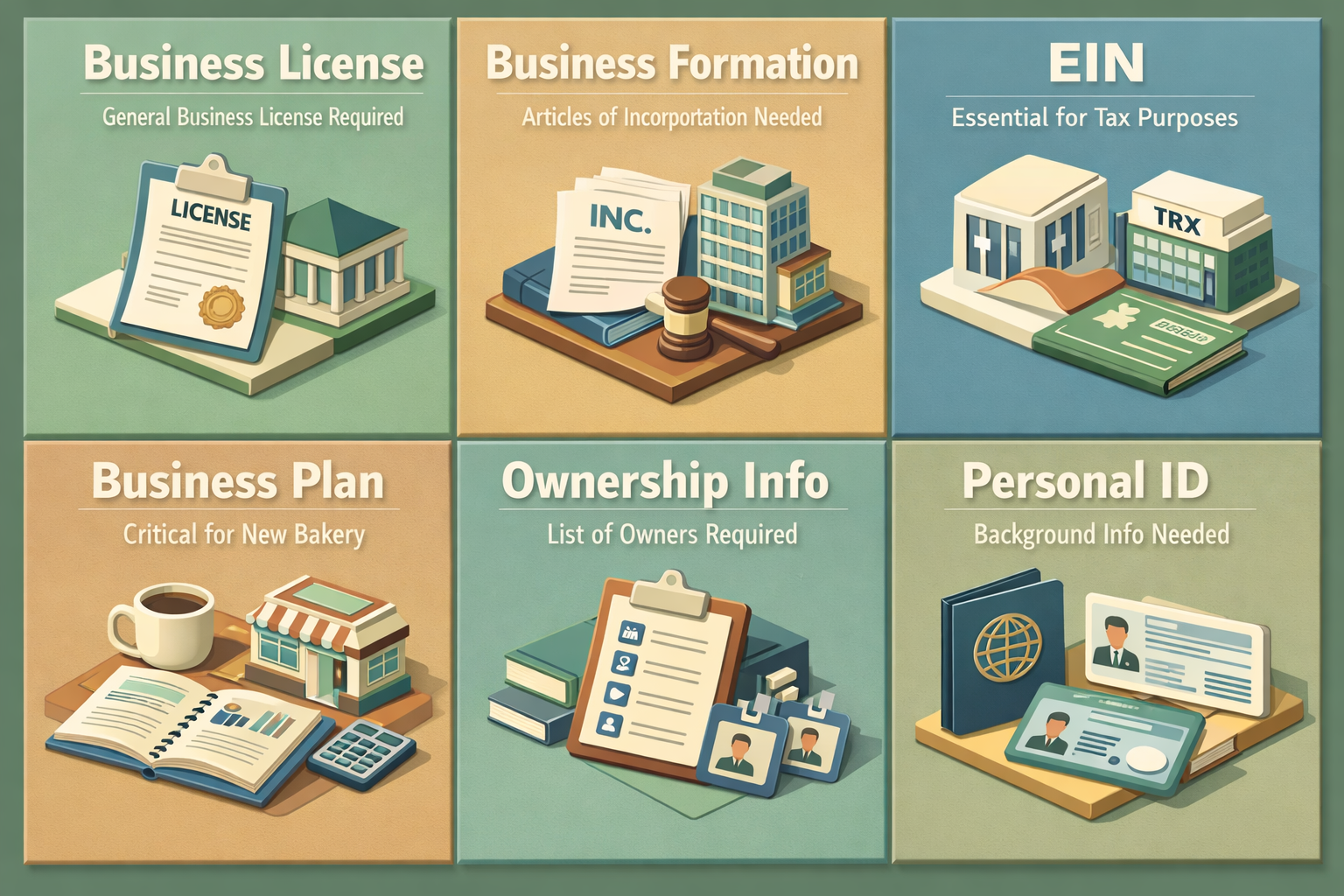 Infographic showing core business documents needed for an SBA loan for a new bakery including licenses, formation, EIN, and business plan.