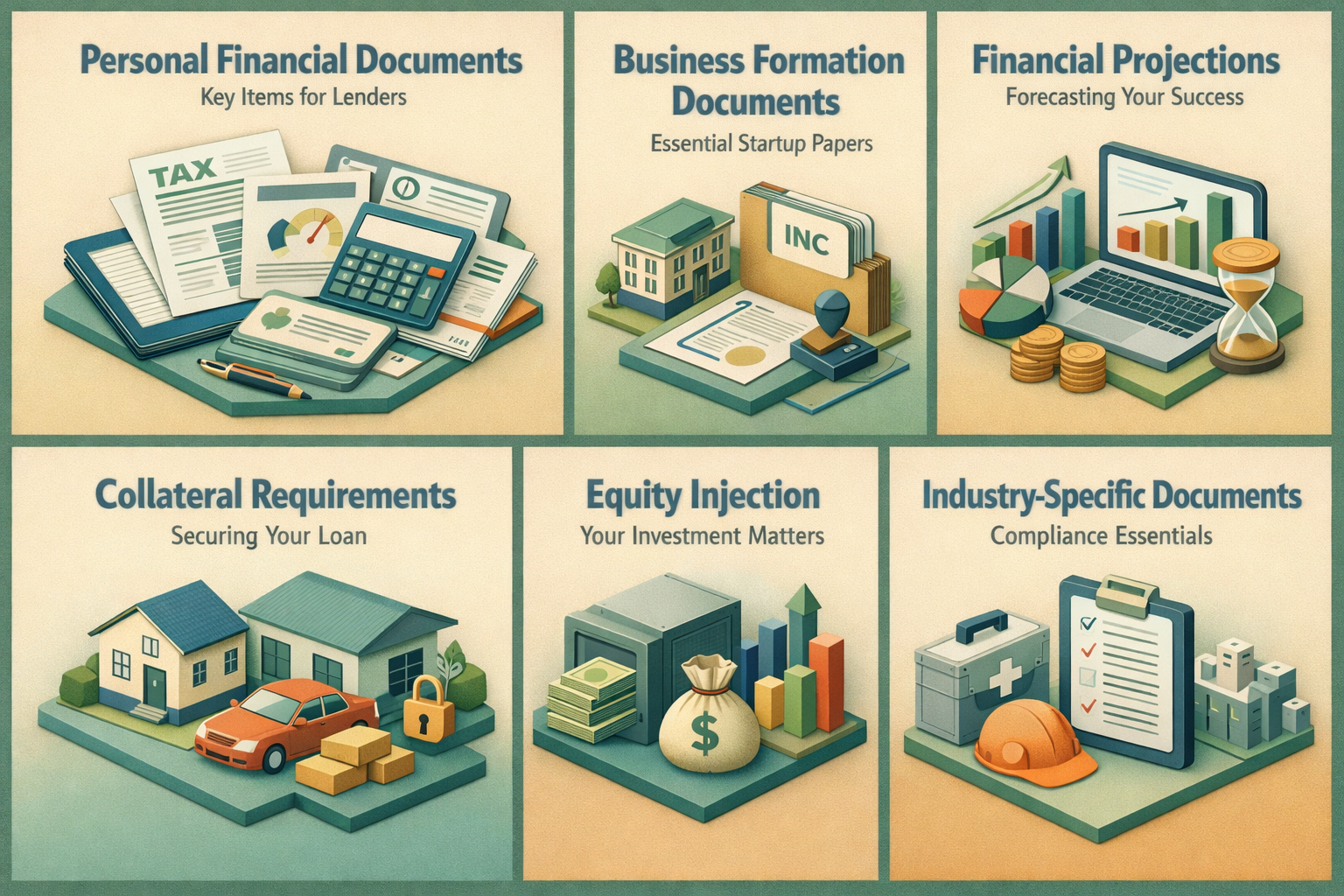 Infographic showing essential documents for SBA loan: personal financial, business formation, financial projections, collateral, equity injection, industry-specific documents.