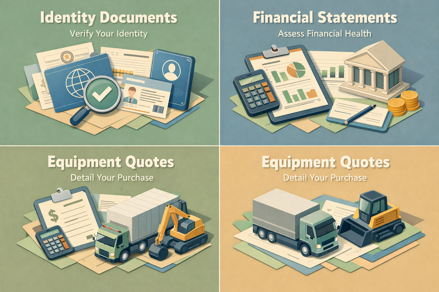 Infographic showing required documents for an SBA loan for a new food truck including identity documents, financial statements, and equipment quotes.