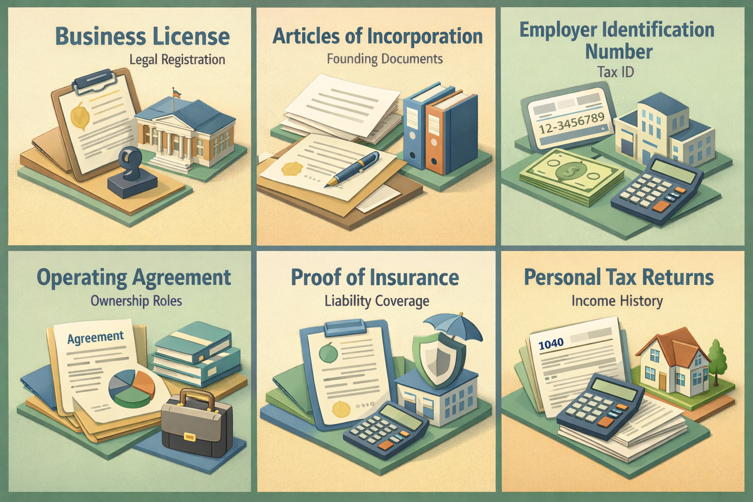 Infographic detailing essential documents for SBA loan including business license, incorporation articles, EIN, and more.