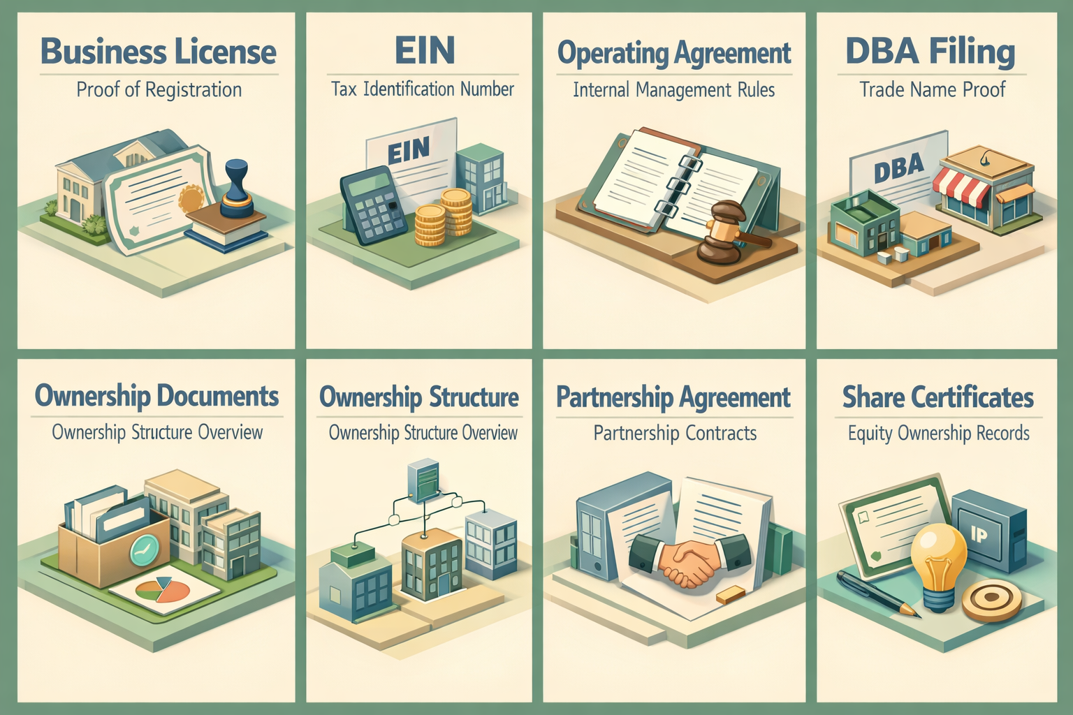 Infographic showing essential business formation documents for SBA loan: Business License, EIN, Operating Agreement, DBA Filing, Ownership Documents.