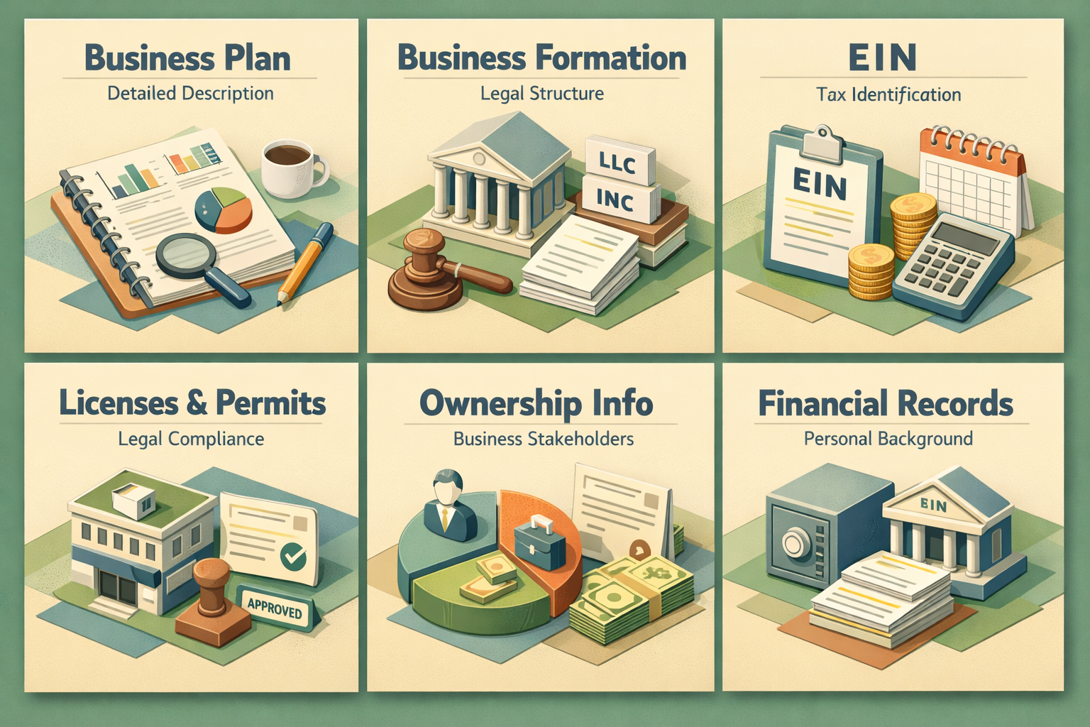 Infographic showing essential business documents for an SBA loan including business plan, formation documents, EIN, licenses, ownership info, and financial records.