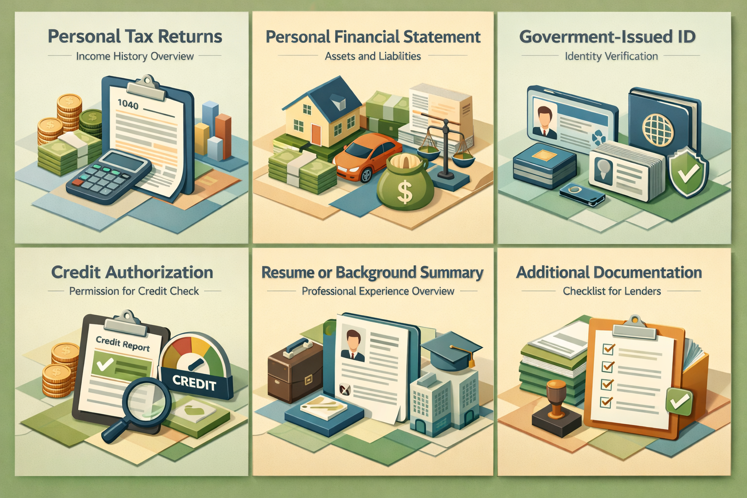 Infographic showing personal financial documents needed for an SBA loan including tax returns, financial statements, ID, and more.