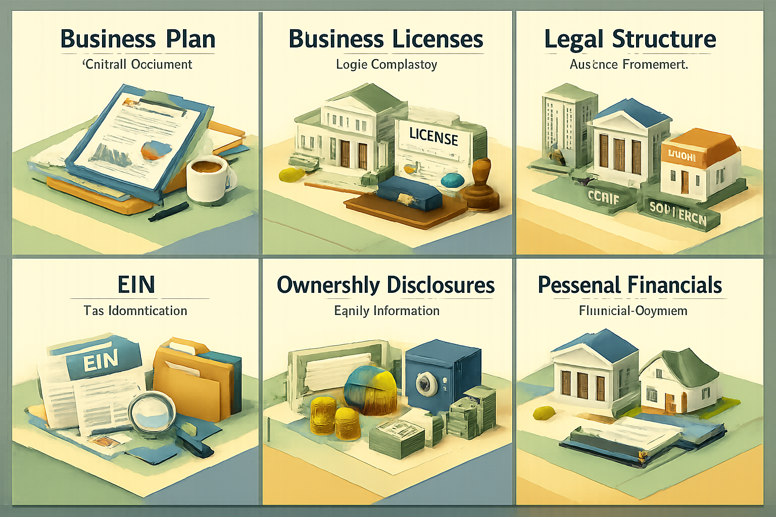 Infographic showing essential documents for SBA loan: Business Plan, Licenses, Legal Structure, EIN, Ownership Disclosures, Personal Financials.