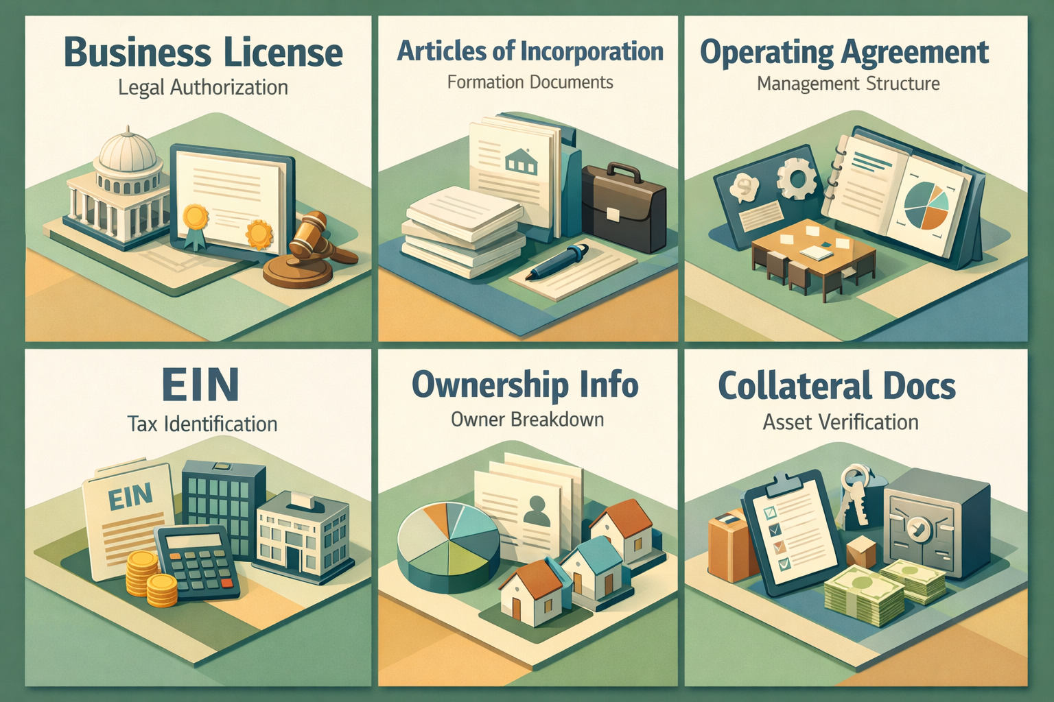 Infographic showing required business documents for SBA loan including licenses, incorporation articles, and EIN.