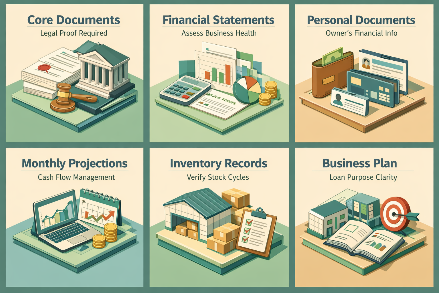 Infographic detailing core business documents, financial statements, personal documents, cash flow projections, inventory records, and business plan for SBA loans.