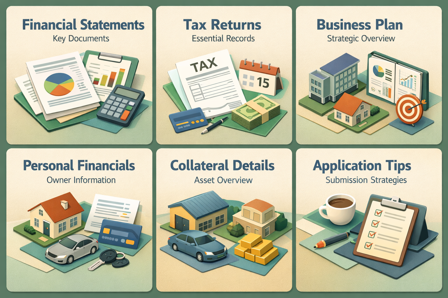 Infographic detailing financial statements, tax returns, business plan, personal financials, collateral details, and application tips for SBA loans.