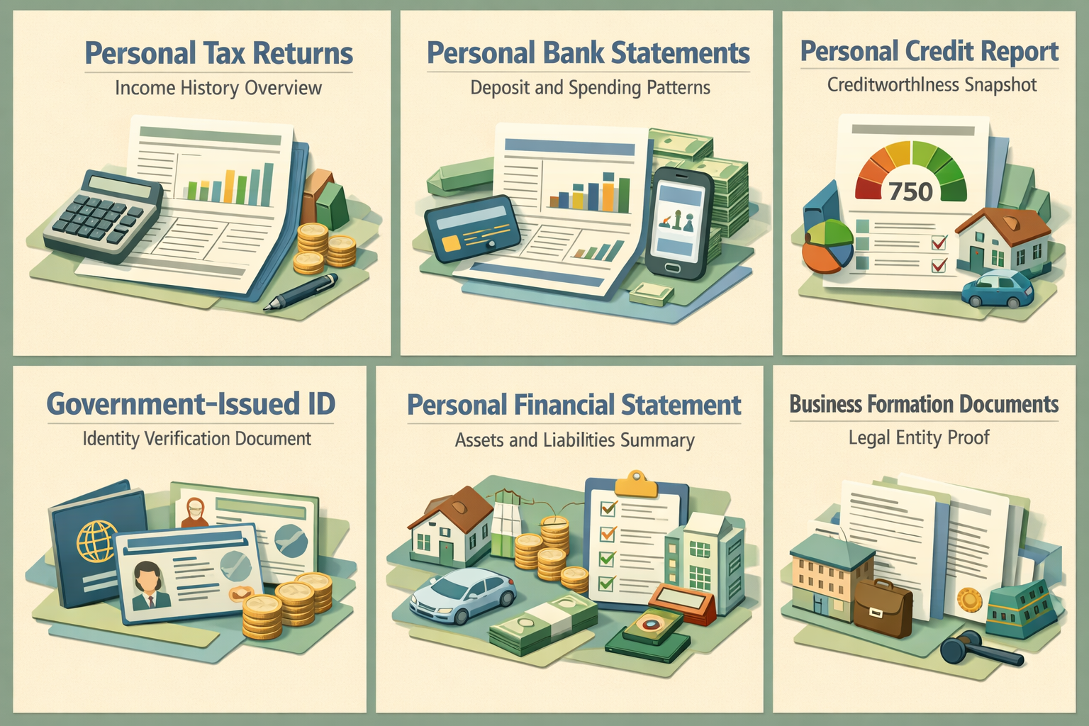 Infographic showing personal financial documents needed for a startup loan including tax returns, bank statements, and credit report.