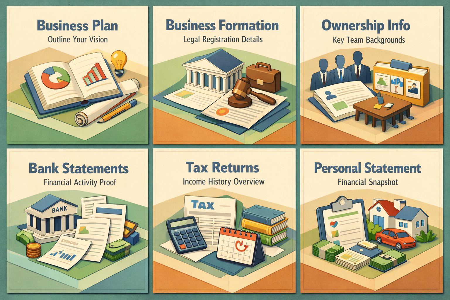 Infographic showing essential documents for a startup loan including business plan, formation documents, ownership info, and more.