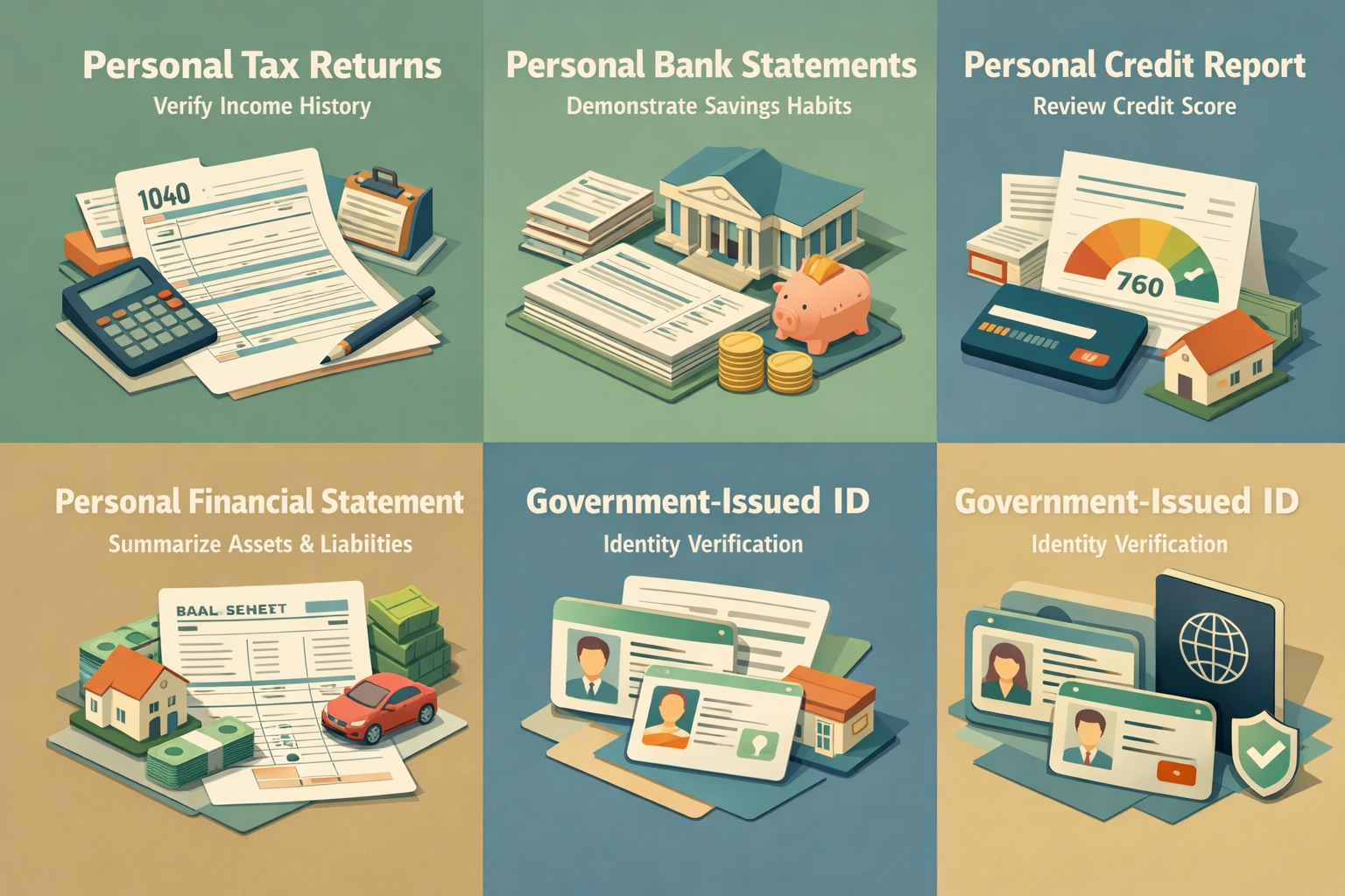 Infographic showing personal financial documents needed for startup loans including tax returns, bank statements, and ID.