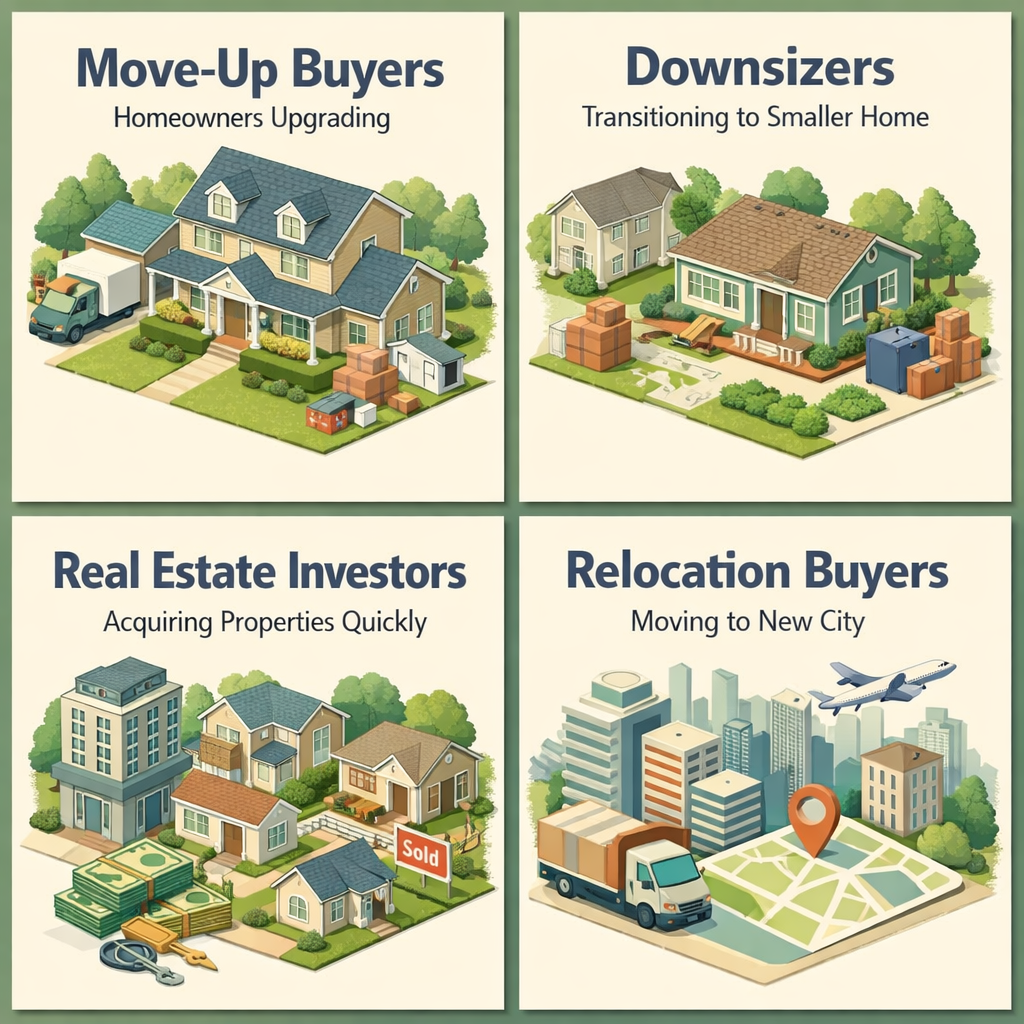 Infographic showing who typically uses bridge loans: move-up buyers, downsizers, real estate investors, and relocation buyers.