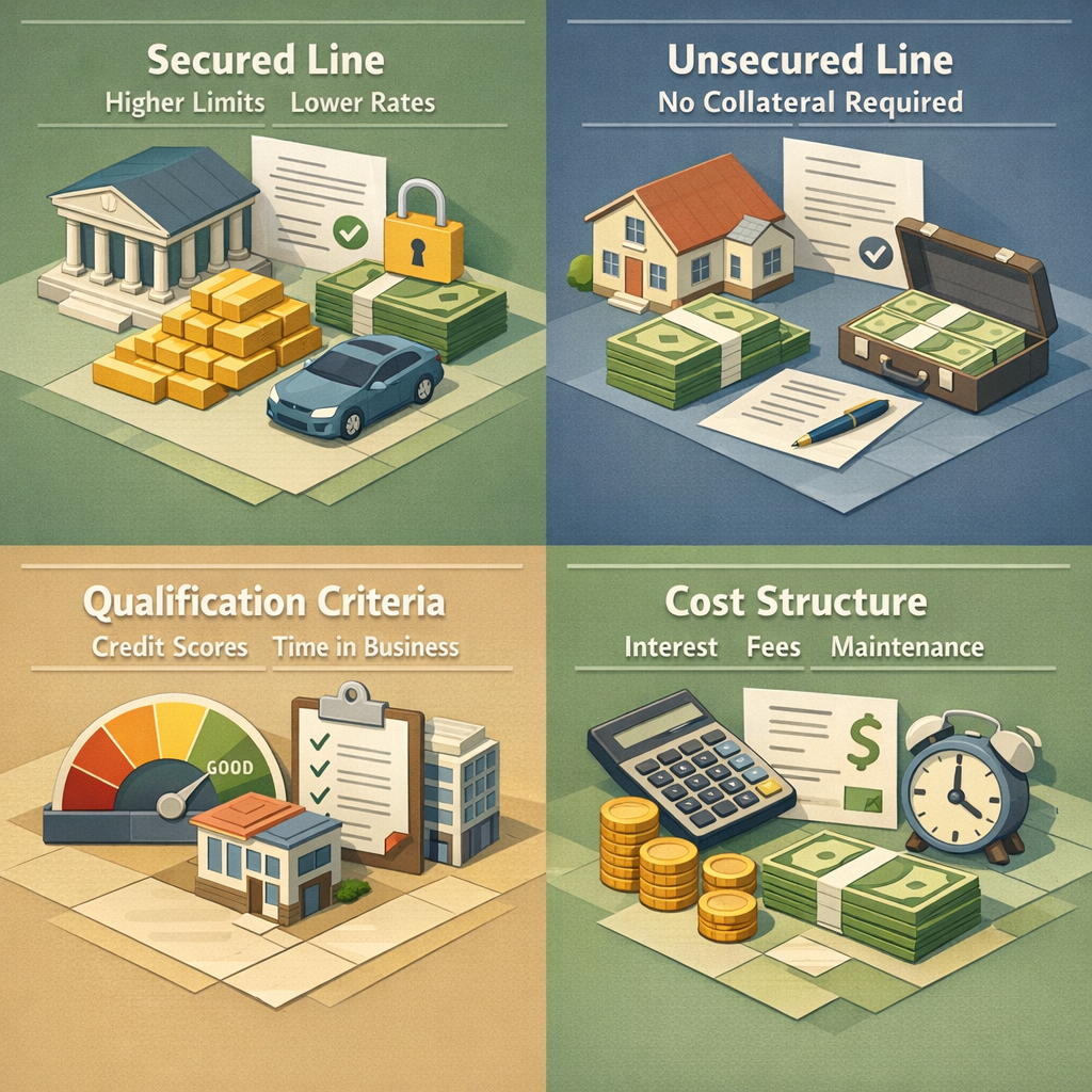 Comparison of secured vs unsecured business lines of credit, including qualification criteria and cost structure.