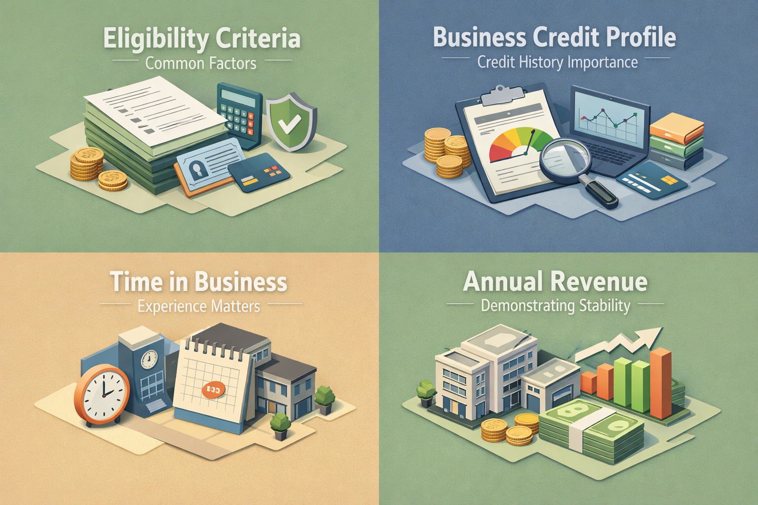 Infographic showing eligibility criteria for business lines of credit, including credit profile, time in business, and annual revenue.