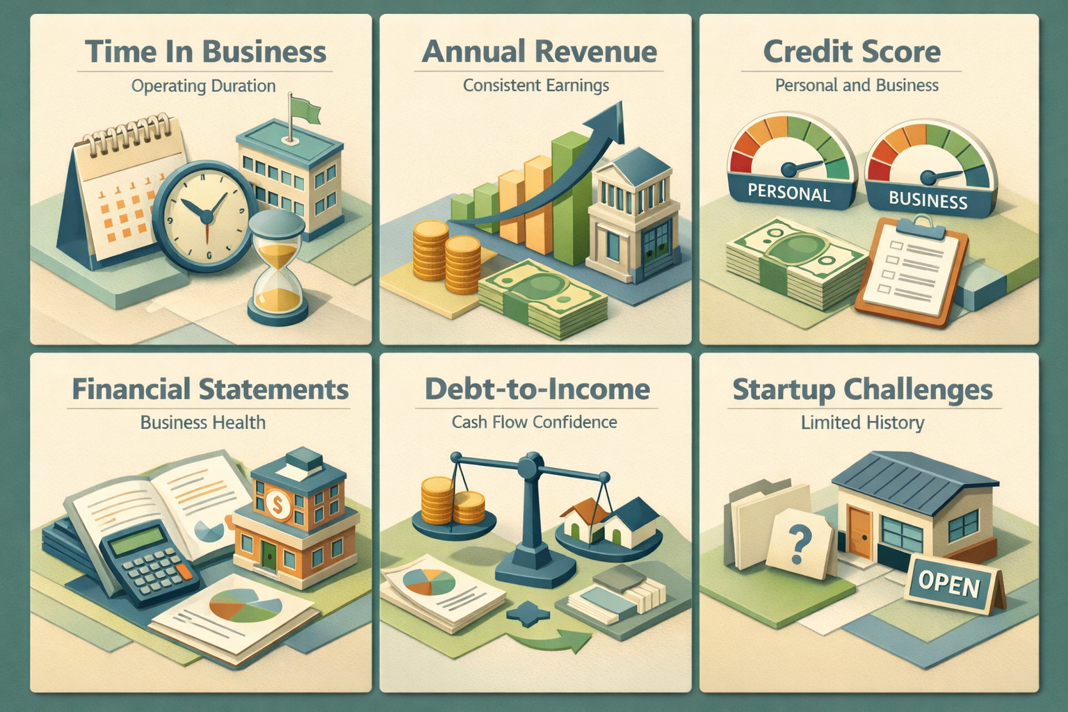 Infographic showing factors qualifying for a business line of credit including time in business, revenue, credit score, and more.