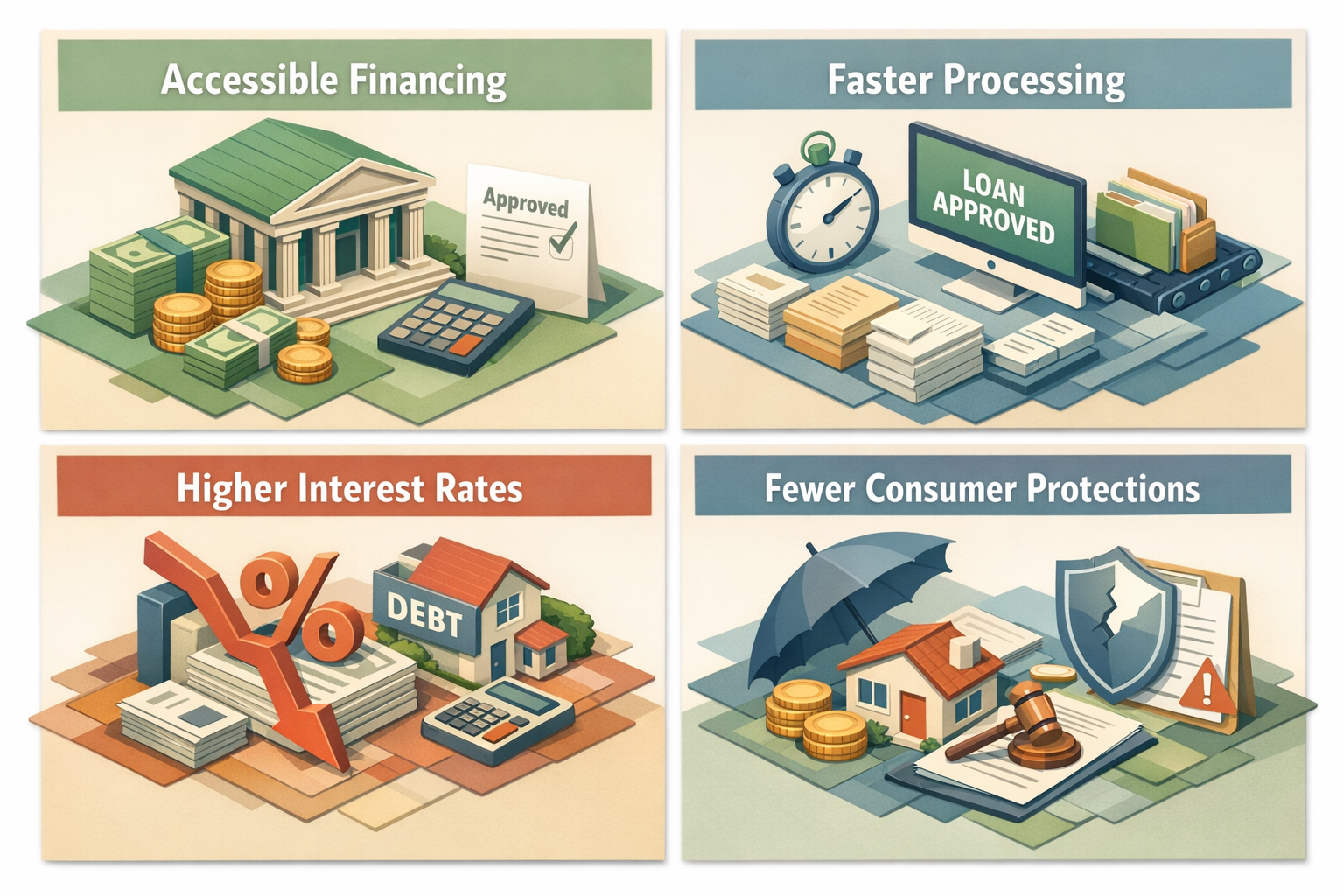 Chattel mortgage pros and cons infographic showing accessible financing, faster processing, higher interest rates, and fewer consumer protections.