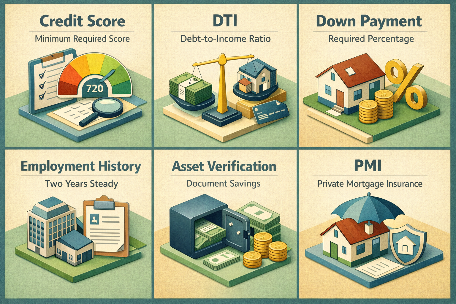 Infographic showing eligibility requirements for conventional loans including credit score, DTI, down payment, employment history, asset verification, and PMI.