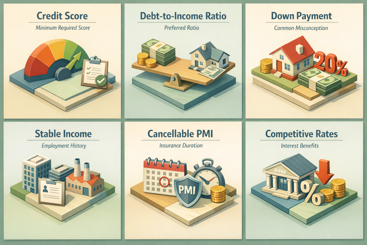 Infographic showing key requirements for qualifying for a conventional loan including credit score, DTI ratio, down payment, and more.