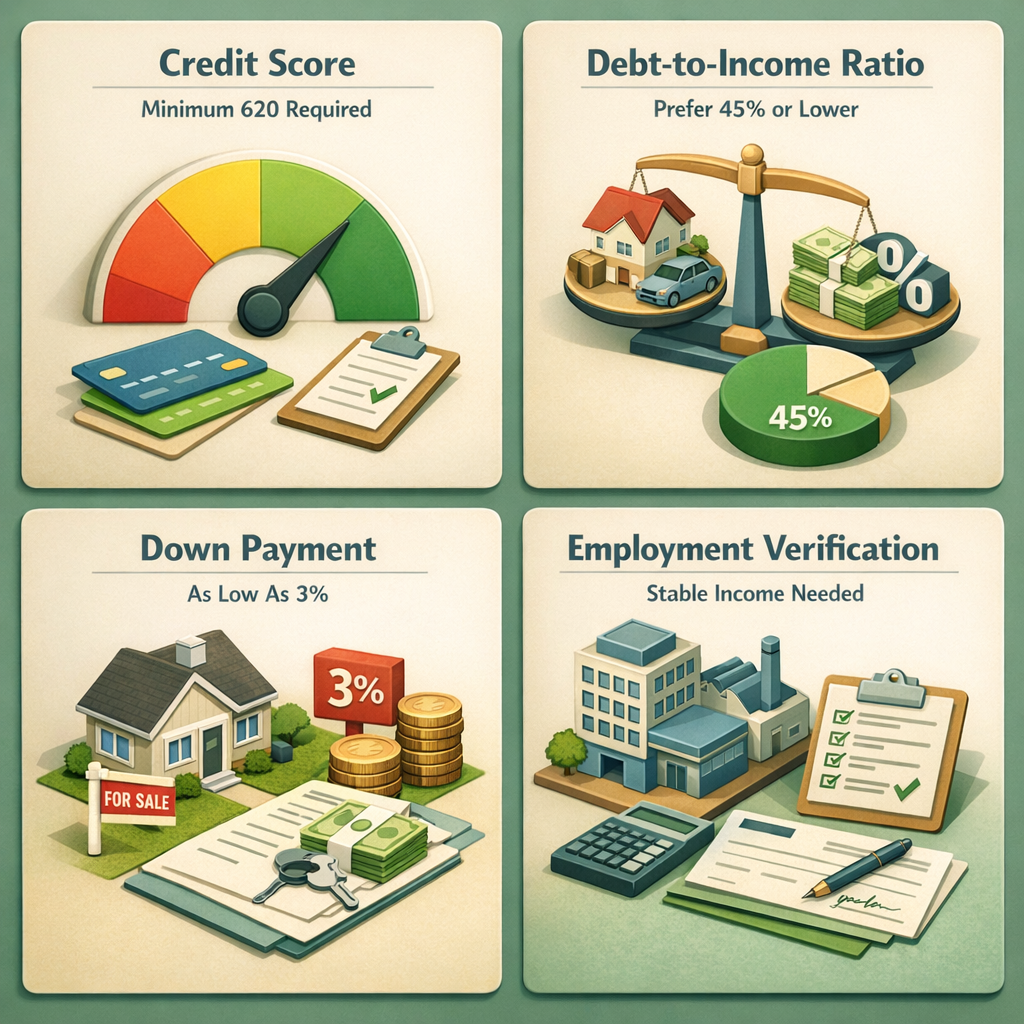 Infographic showing conventional loan requirements including credit score, debt-to-income ratio, down payment, and employment verification.