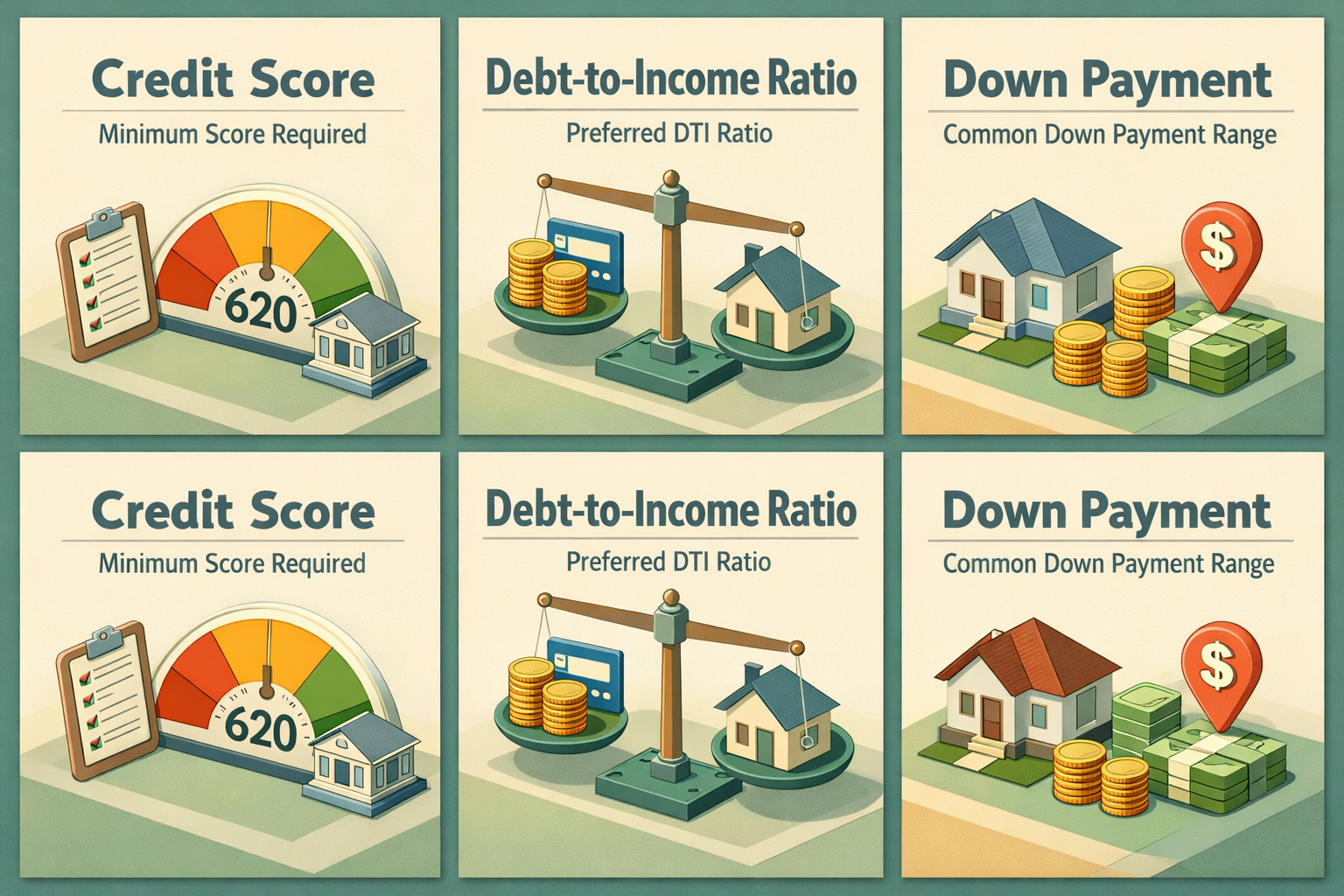Infographic illustrating conventional mortgage qualification criteria: credit score, debt-to-income ratio, and down payment requirements.