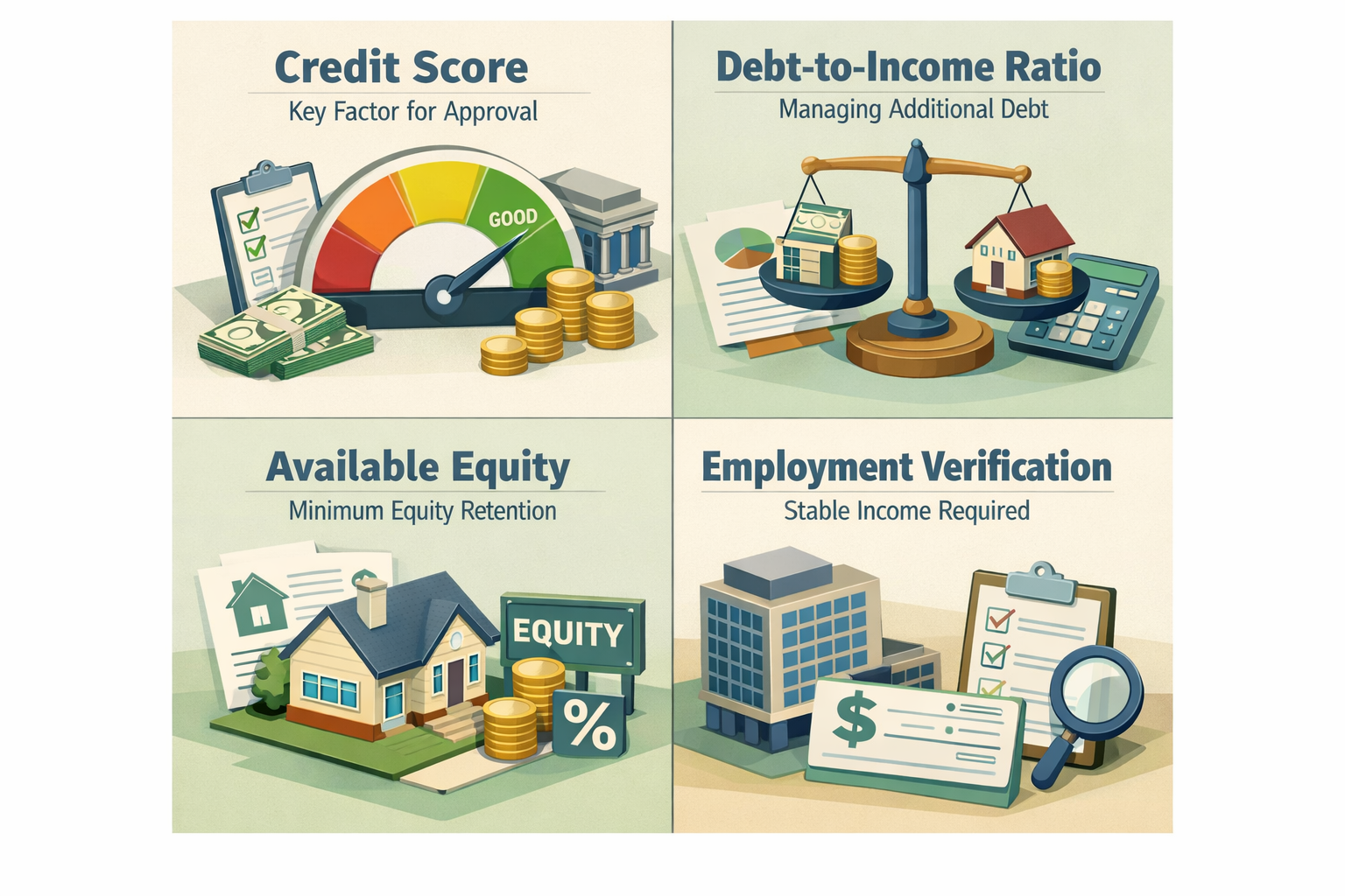 Infographic showing key qualification factors for home equity loans: credit score, debt-to-income ratio, available equity, and employment verification.